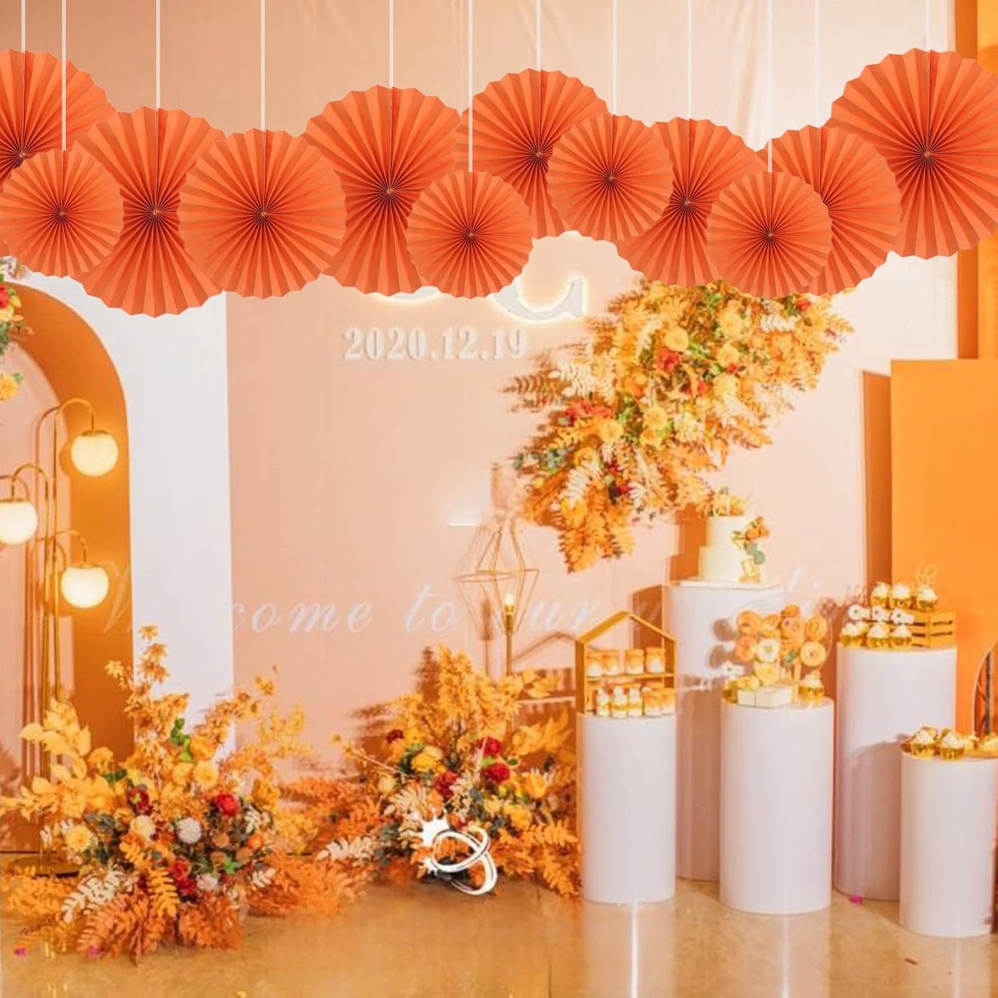 Orange Hallowmas Party Hanging Fans DIY Set - 12pcs Paper Fans with Pinwheels - DIY Paper Craft for Wedding, Birthday, Christmas Party Decoration