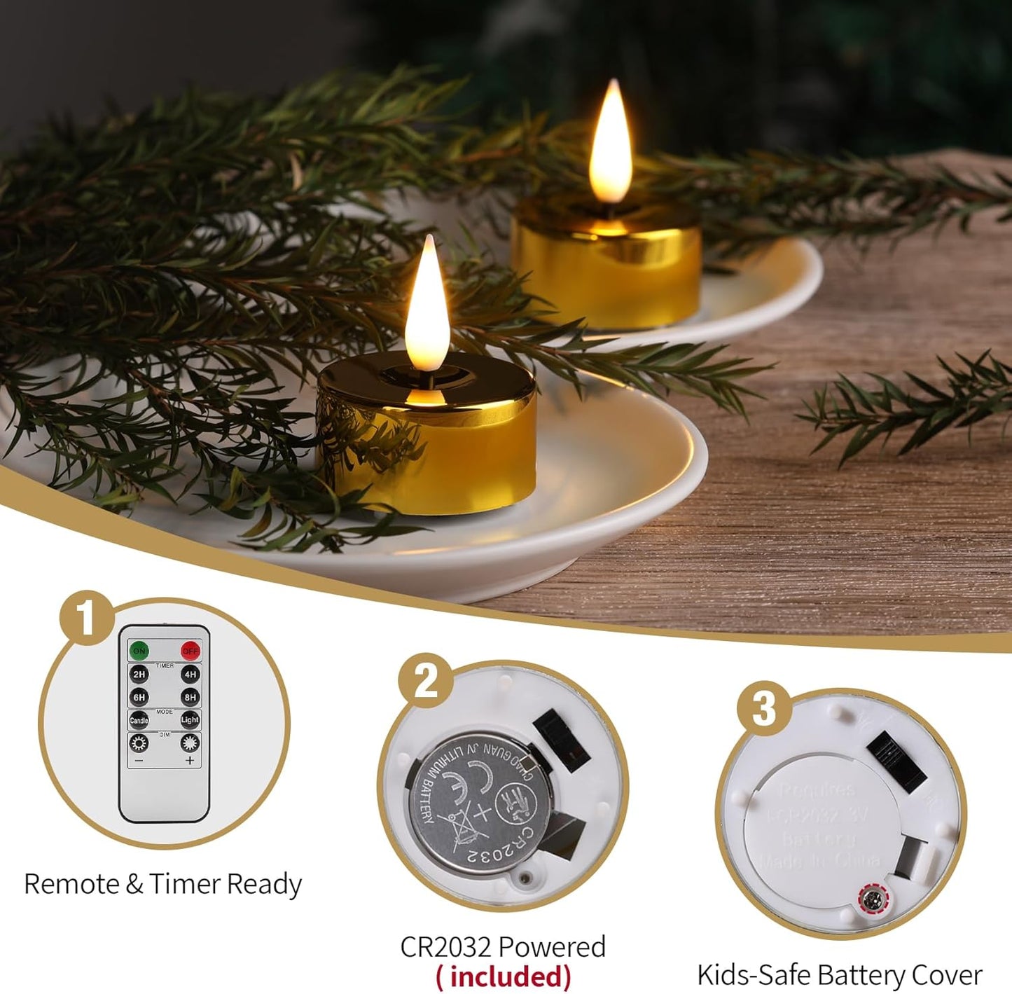 Eywamage Gold LED Tealights with Remote Batteries, Flickering Flameless Tea Lights Votive Candles Set of 12