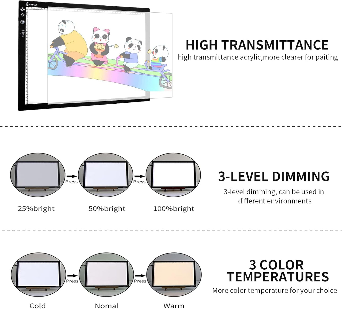 Light Box Drawing Pad A3, Dimmable 3 Brightness and Colour Temperature with Type-C Charge Cable and Brightness Adjustable for Artists, AnimationDrawing, Sketching, Animation, X-ray Viewing (A3-STK)