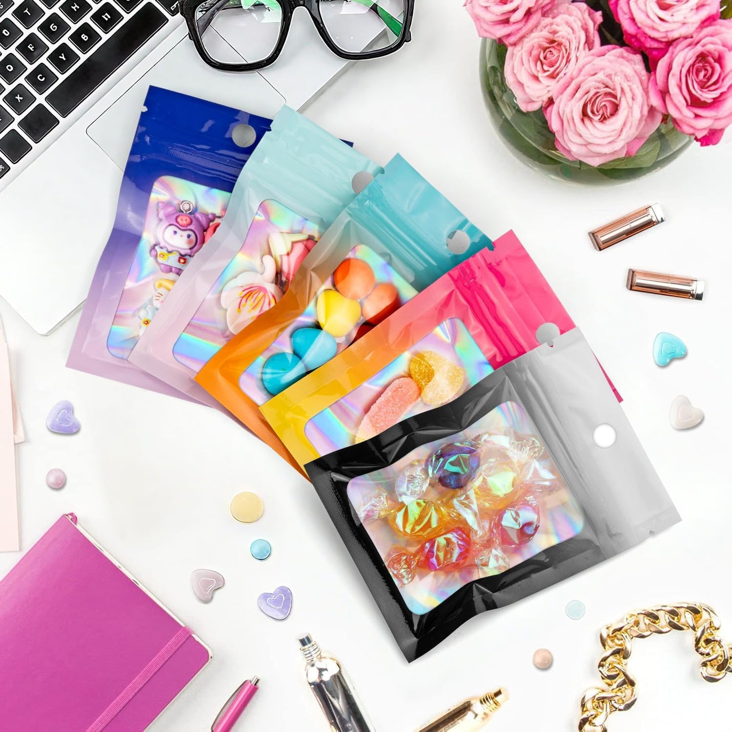 Funfery 100 Pack Gradient Holographic Bags,Mylar Resealable Bags with Zipper,Clear Window Packaging Pouch,Smell Proof Bag for Food Storage,Sample Jewelry Baggies(2.7×3.9in,White Black)