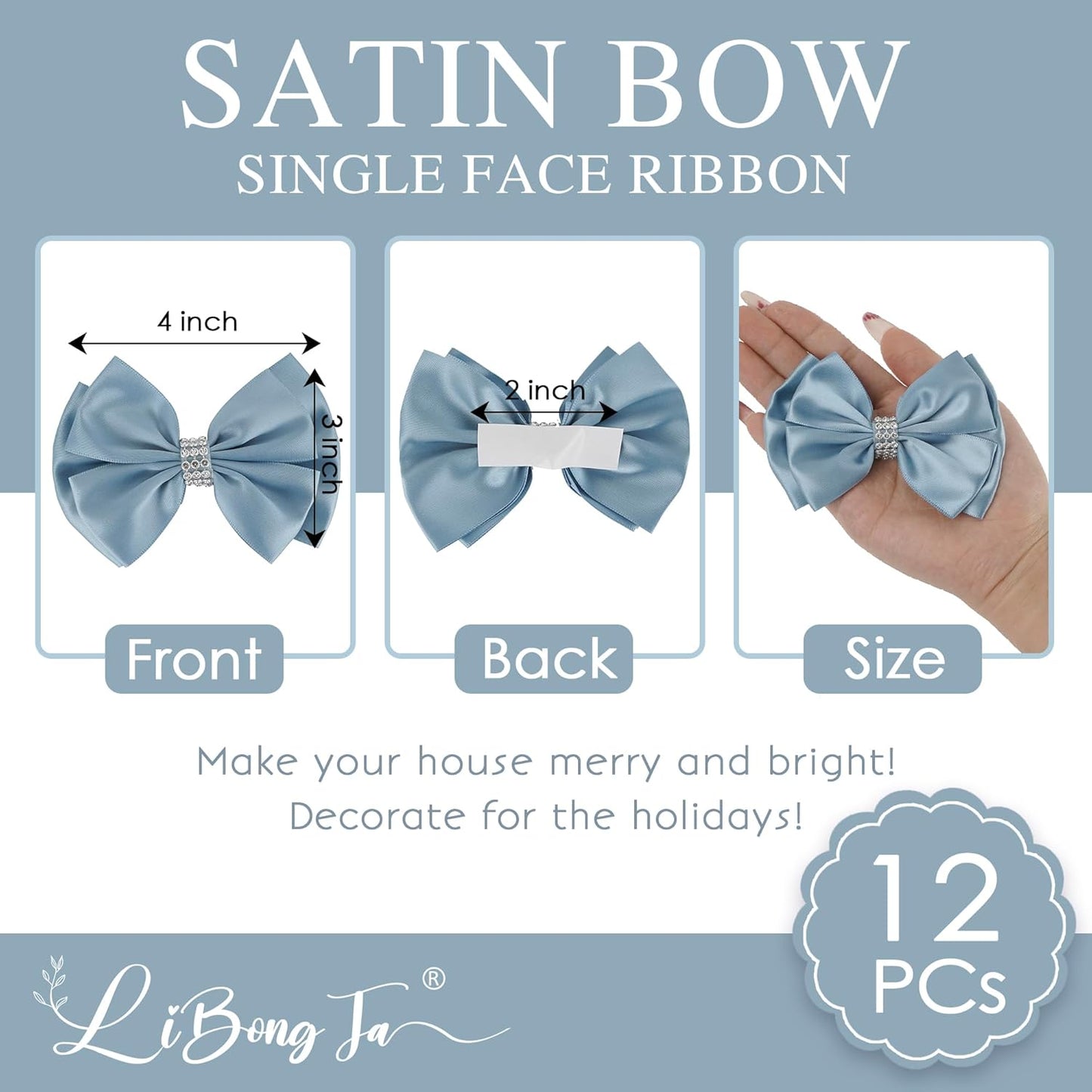 Satin Bows 4'' Premade Dusty Blue Ribbon Bow, Blue Gift Bows With Rhinestone, Wrapping Bows For Presents, Greeting Cards, Treat Bags, Wine Bottles, Valentines Bows For Gift Wrapping-12 Counts
