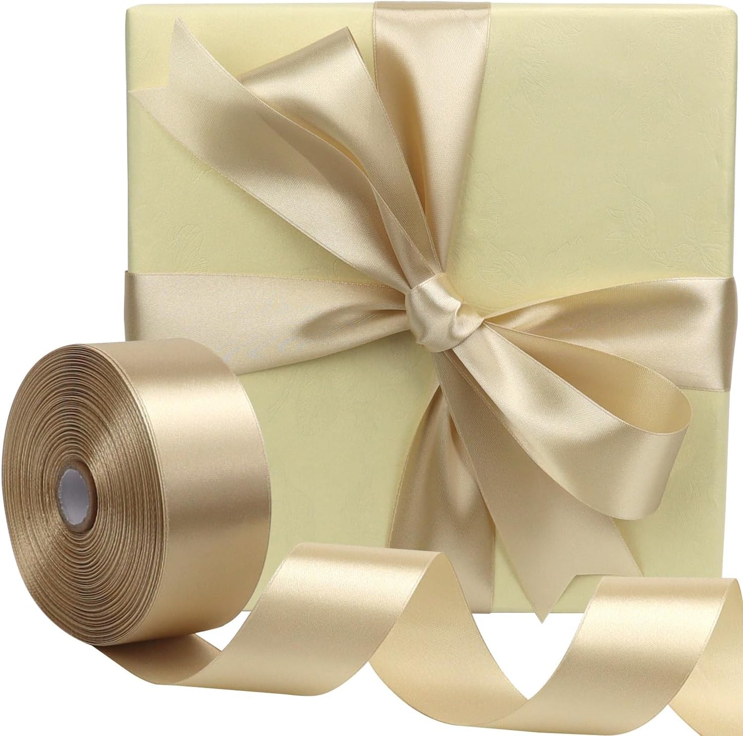 Champagne Solid Satin Ribbon 1-1/2 Inch 50 Yards Solid Polyester Fabric Ribbon for Gift Wrapping Wedding Christmas Baby Shower Birthday Party Decoration Handmade Immortal Flower Craft