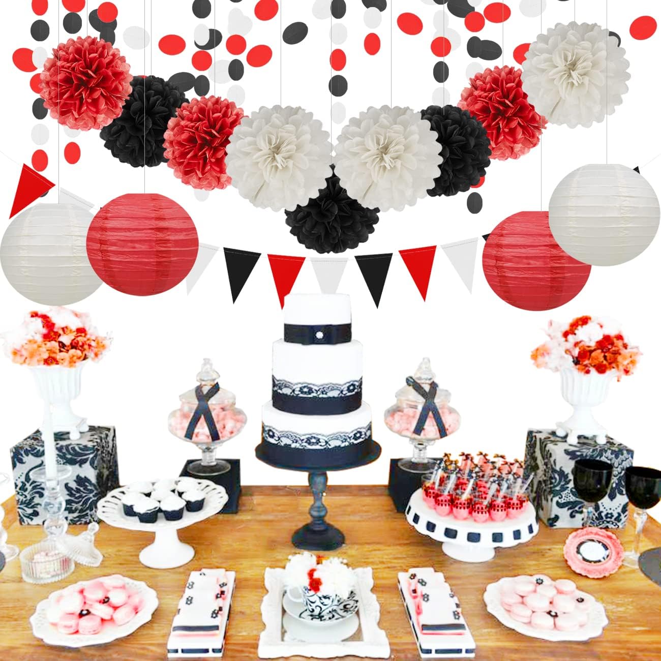 White Red Black Party Decorations - 15Pcs Tissue Paper Flower Pom Poms Lanterns Birthday Wedding Graduation Bachelorette Hanging Decor