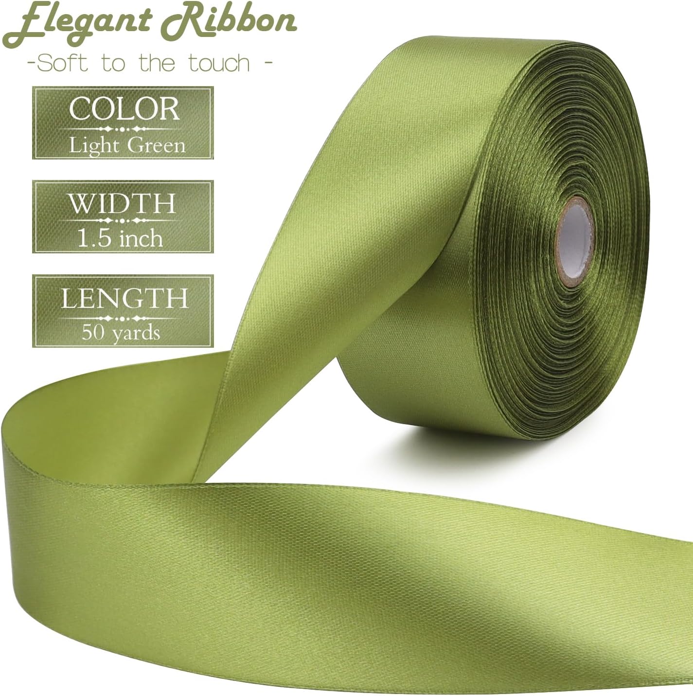 Light Green Solid Satin Ribbon 1-1/2 Inch 50 Yards Solid Polyester Fabric Ribbon for Gift Wrapping Wedding Christmas Baby Shower Birthday Party Decoration Handmade Immortal Flower Craft