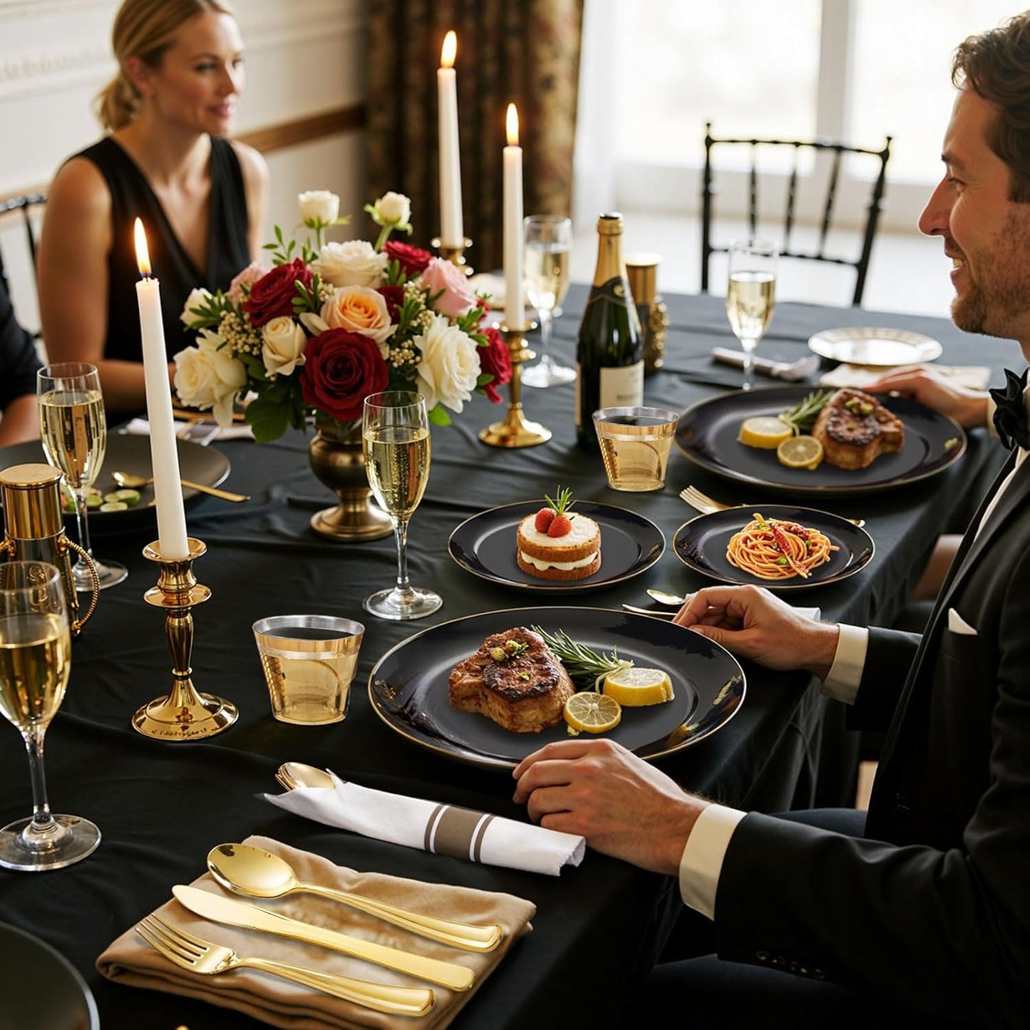 KIRE 200Pcs Black Plastic Plates - Black Plates Disposable for Party - Include 100 for Dinner and 100 for Dessert for Birthday/Wedding/Halloween