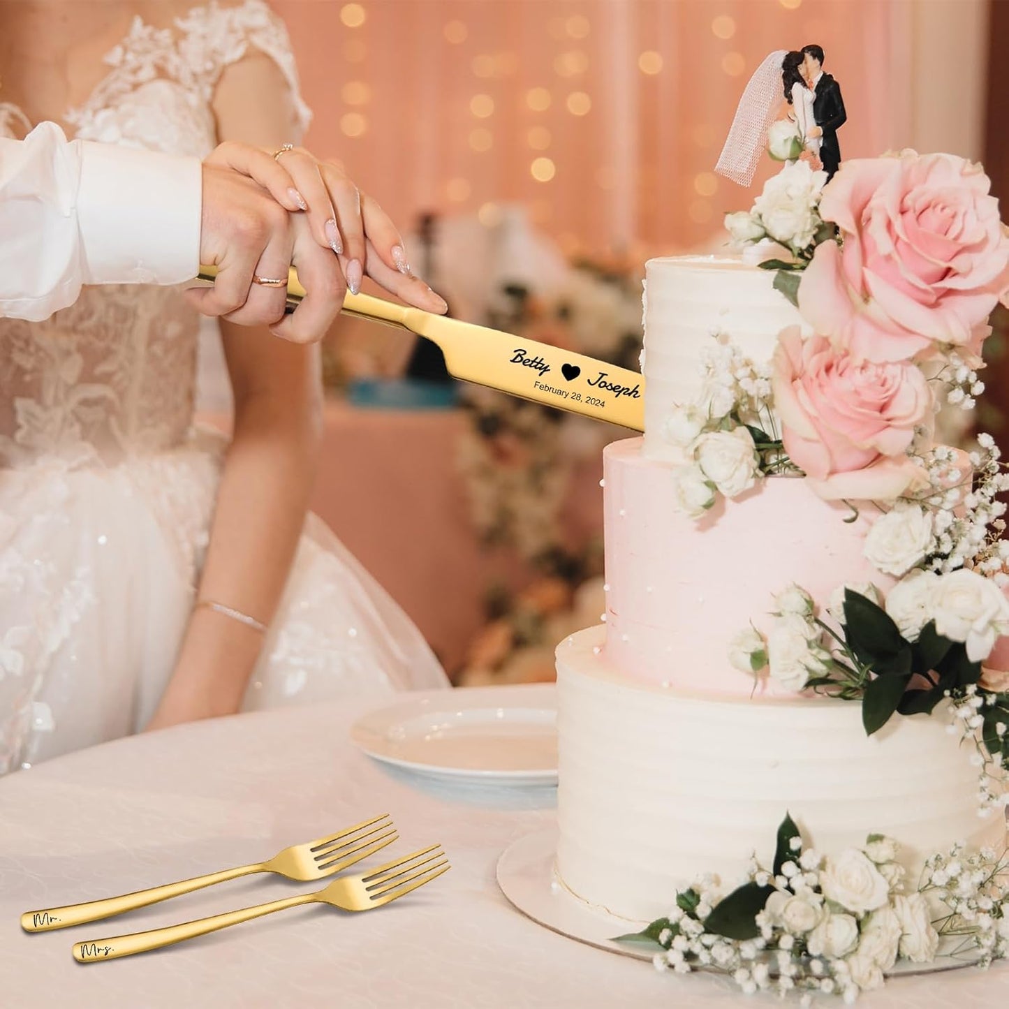 Personalized Wedding Cake Knife and Server Set Stainless Steel Forks Cake Cutter Server Engraved Cake Cutting Set for Wedding Anniversary Engagement Birthday Gifts