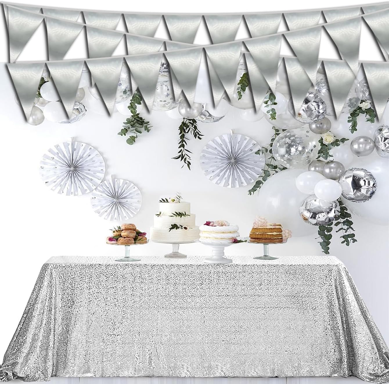 20M/65FT Silver Triangle Pennant Banner Flag Metallic Fabric Bunting Garland for Christmas Graduation Wedding Engagement Anniversary Bachelorette Birthday Bridal Shower Valentines Hen Party Supplies