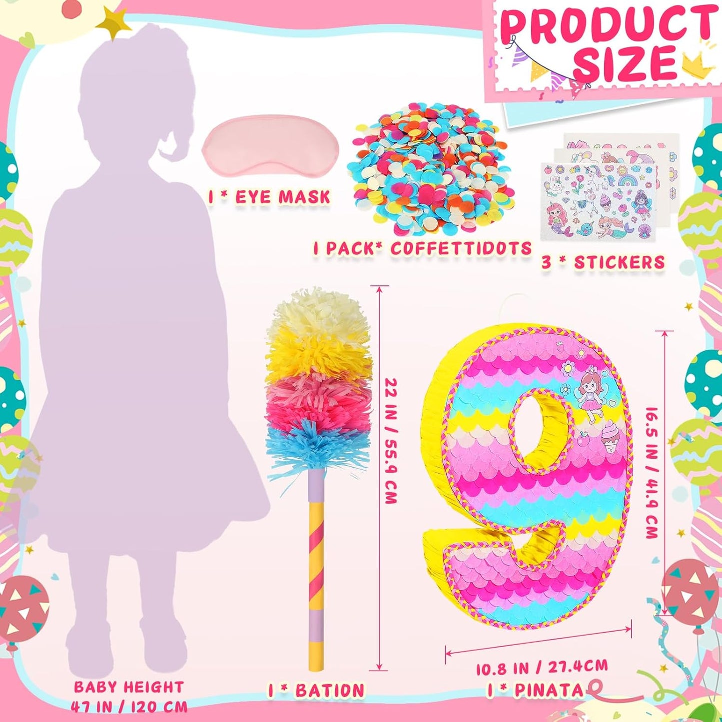 Number 9 Pinata for Birthday Party Decorations, Unicorn Mermaid Theme Pink Piñata Games Toy (9th)