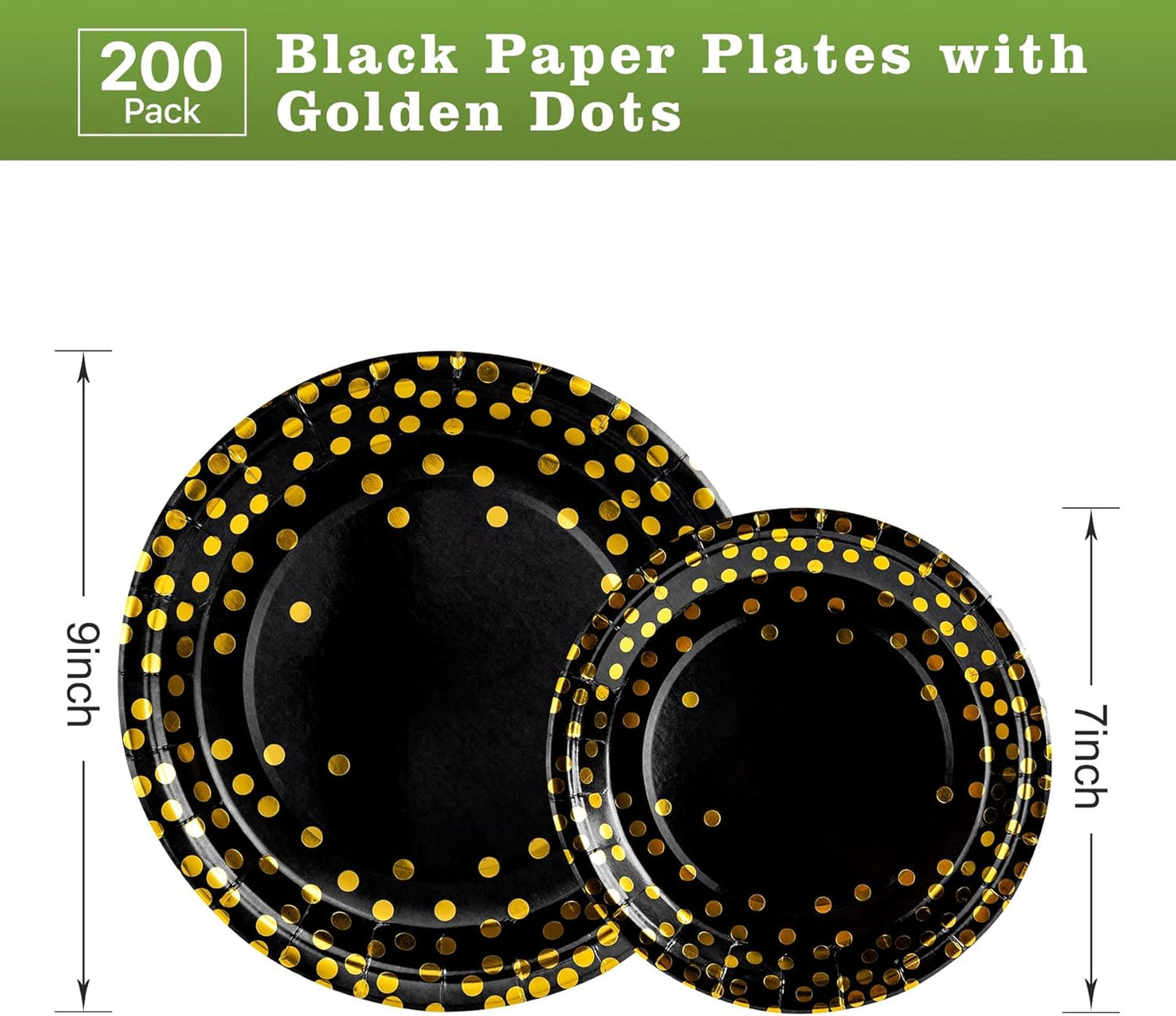 Lullaby 200PCS Black Paper Plates, Black and Gold Paper Plate, 100pcs Dinner Plates 9"，100pcs Dessert Plates 7", Disposable Graduation Plates with Golden Dot for Birthday party, Halloween