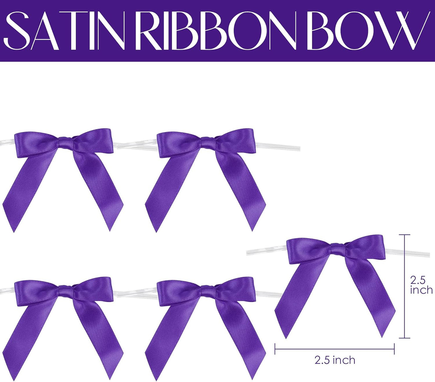 AIMUDI Small Purple Bows for Christmas Tree 2.5" Pre Tied Satin Ribbon Twist Tie Bows for Treat Bags Premade Mini Bows for Crafts Ribbon Bows for Gift Wrapping Halloween Party Favors - 50 Counts