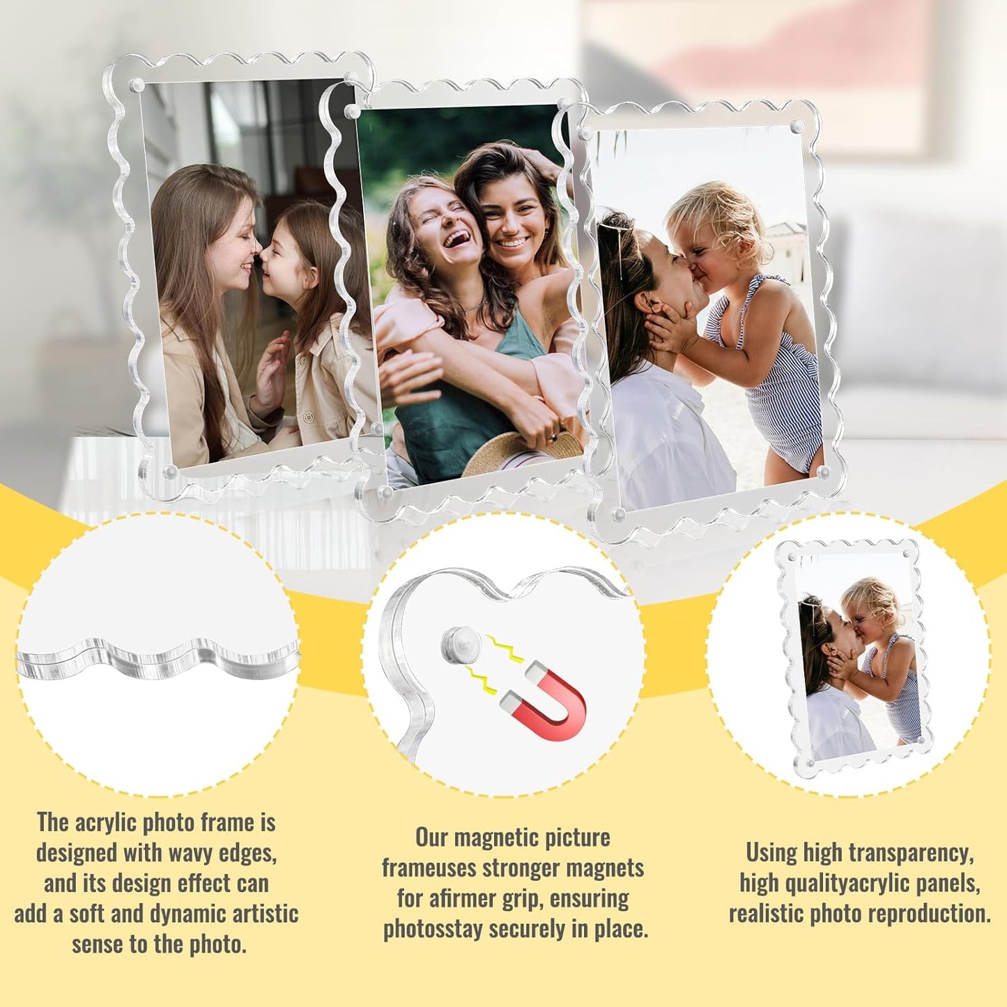 3 Pack Acrylic Picture Frames 4x6 Scalloped with Detachable Brackets, Vertical and Horizontal Tabletop Display, Clear Magnetic Photo Frames for Home/Family/Party/Wedding
