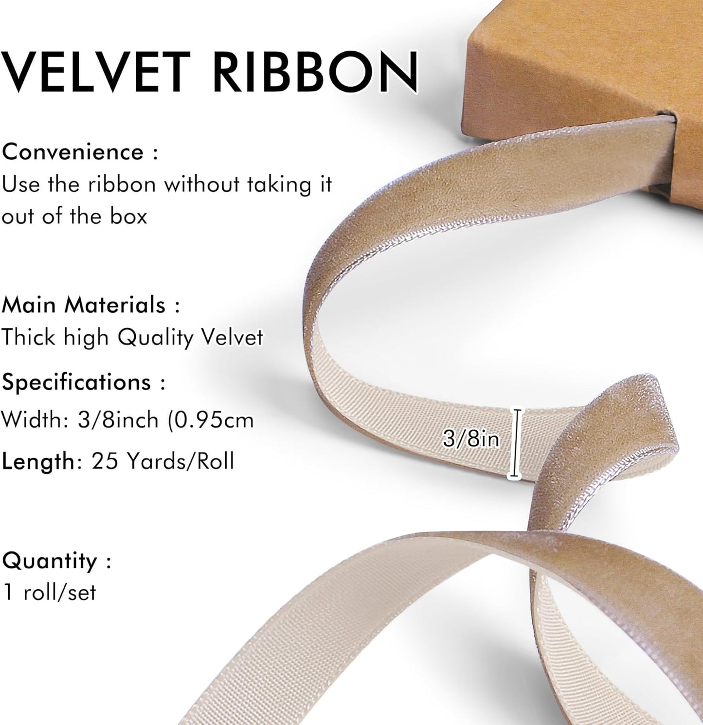 Khaki Velvet Ribbon 3/8'' 25 Yards for Christmas Tree, Gift Wrapping, Flower Bouquet, Wreath Decorations, Bow Making