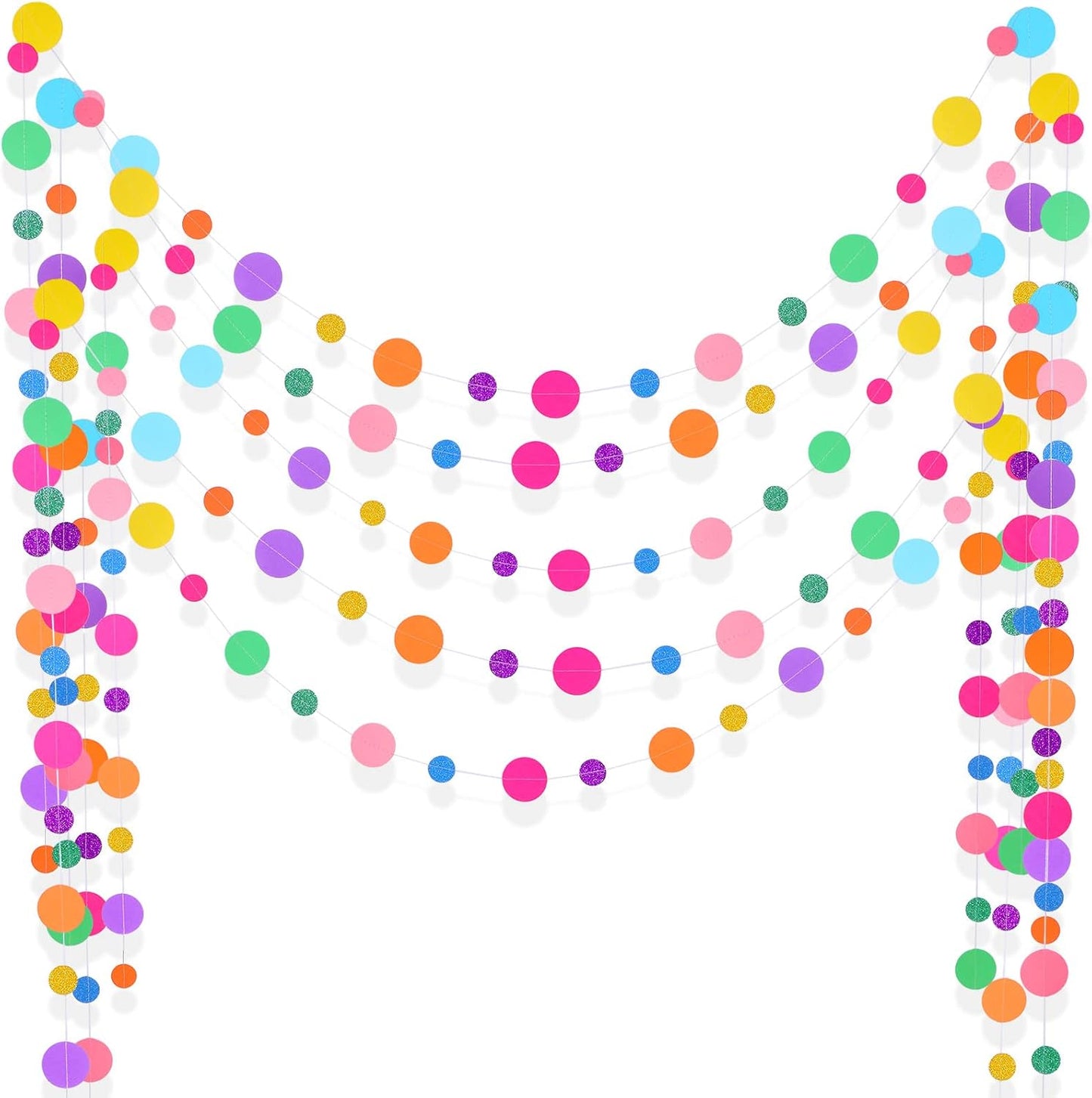 Outus 5 Pieces Colorful Dots Paper Garland Round Glitter Garland Hanging Confetti Streamers Backdrop for Candy Birthday Classroom Halloween Trunk or Treat Car Decoration (Rainbow)