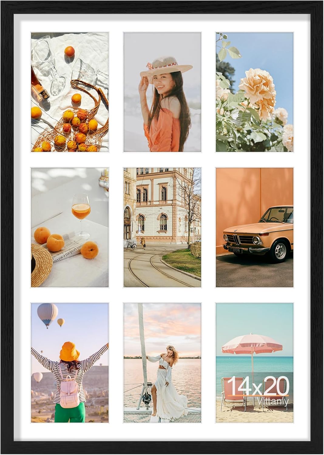 Vittanly 14x20 Collage Picture Frame, Displays 9Pcs 4x6 Pictures with Mat, Picture Frames Collage Wall Decor for Horizontal or Vertical Display, Black, 1 Pack