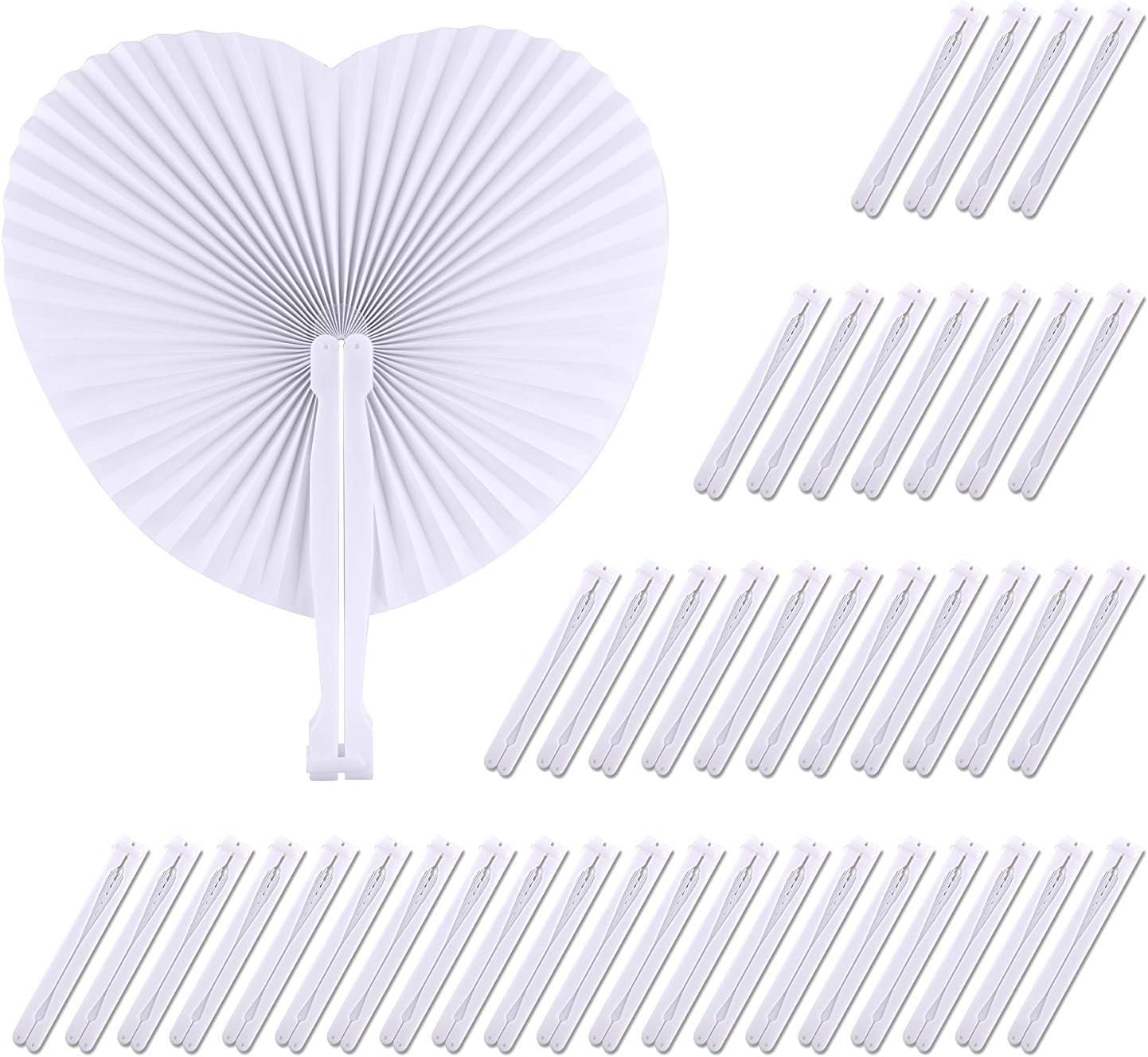 Zwin 60PCS Heart Shaped Folding Paper Fans for Wedding White Plastic Handheld Pocket Paper Fans for Party Decorations