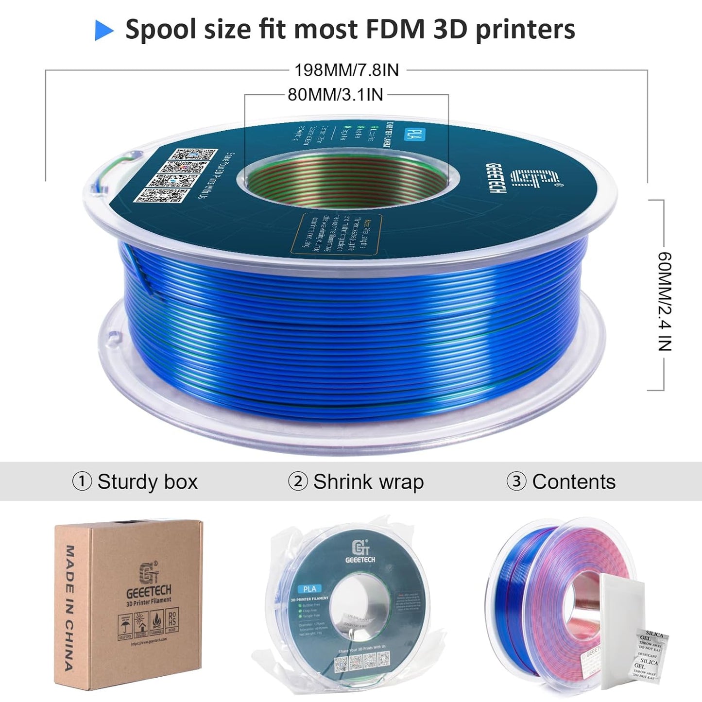 Geeetech Silk PLA Tri Color Filament 1.75mm 3D Printer Filament, Coextrusion Red Blue Green Tri-Colors Metal-Like Shiny Silk PLA Filament, 1kg (2.2lbs) 1 Spool, Dimensional Accuracy +/- 0.02 mm