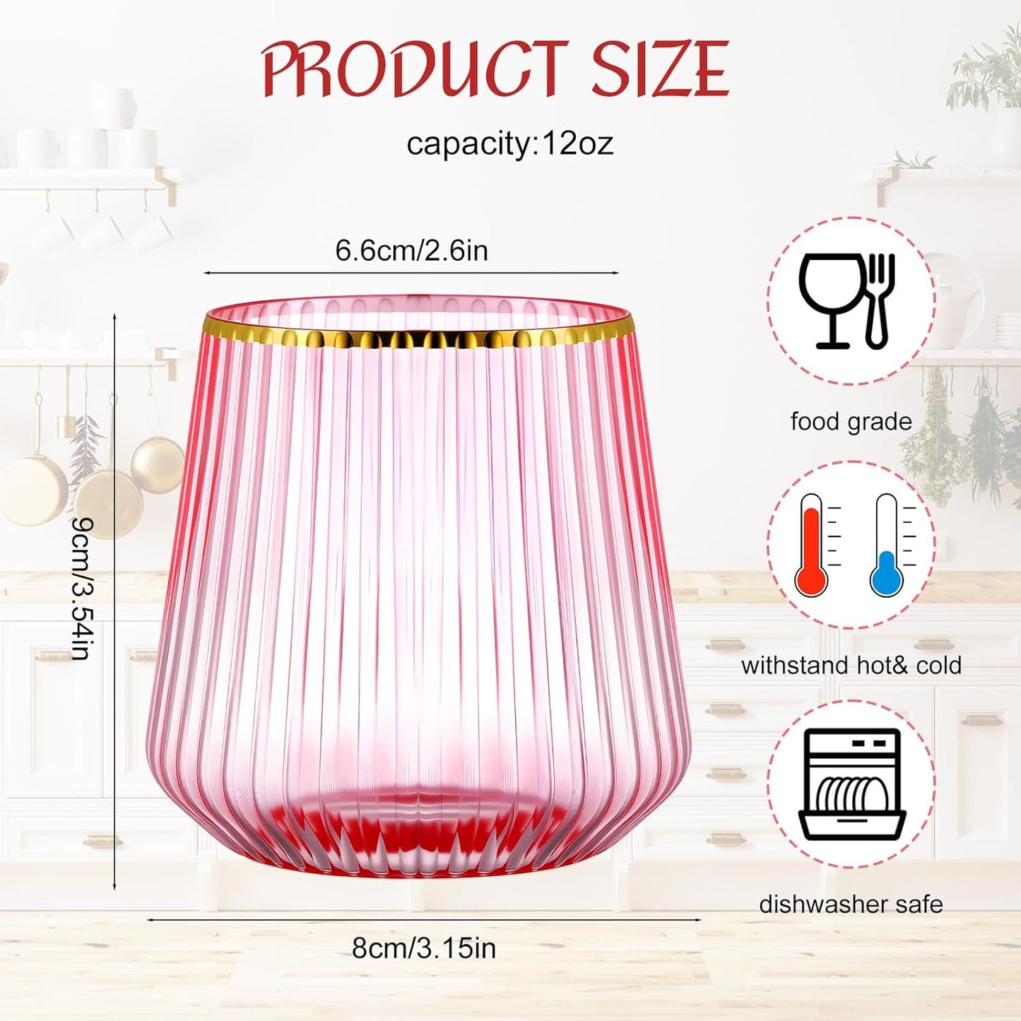 24 Pcs Pink Plastic Wine Glasses Ribbed Disposable Wine Glasses Unbreakable Stemless Champagne Whiskey Cups Ribbed Cocktail Plastic Cups for Wedding Home Office Bar (12 oz,Gold rim)