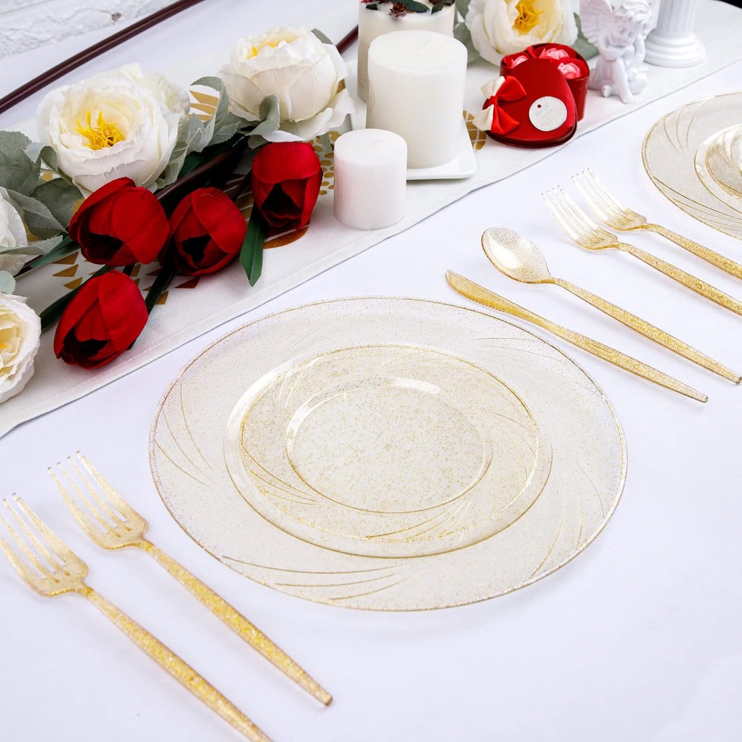 Supernal 180pcs Gold Plastic Silverware Durable Plastic Silverware Gold Glitter Color Party Cutlery Disposable Flatware Heavy Duty Include 60 Forks,60 Knvies,60 Spoons for Wedding,Birthday