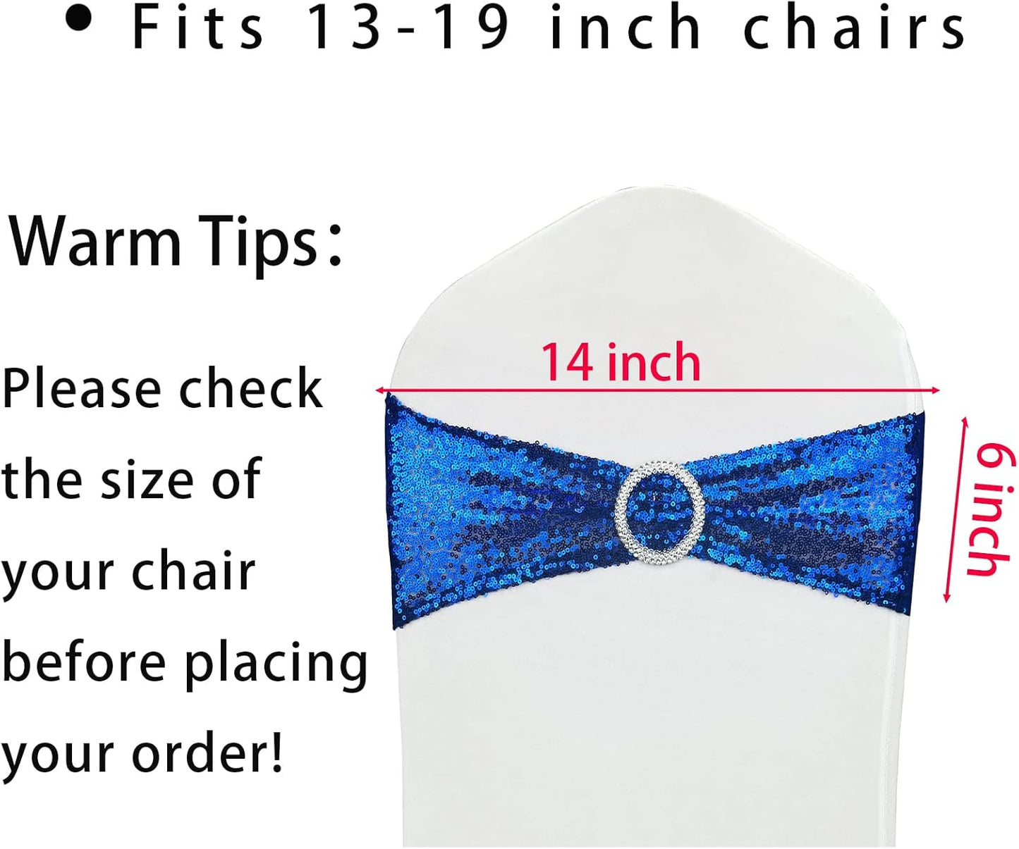 100 Pcs Sequin Chair Sashes Stretch Chair Bands Spandex Polyester Bows for Party Hotel Wedding Banquets Decoration - Royal Blue