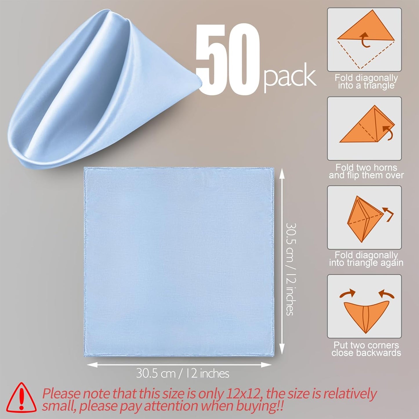 Manyshofu 50 Pieces Baby Blue Satin Napkins - 12x12 Inches Cloth Napkins, Square Satin Fabric Napkin Set - Elegant & Smooth Table Napkins for Wedding Dinner Party Lunch Banquet Restaurant Decoration