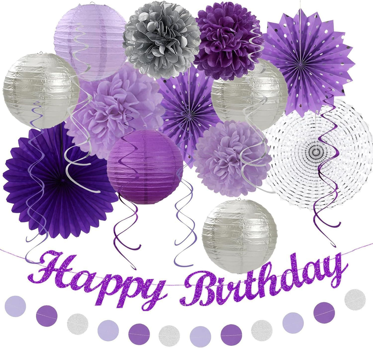 Purple and Silver Party Decorations-21PCS Happy Banner,Paper Lanterns Streamers,Tissue Pom Poms Honeycomb Flower Fan, Baby Bridal Shower Wedding Retirement Bachelorette Hanging Supplies Decor