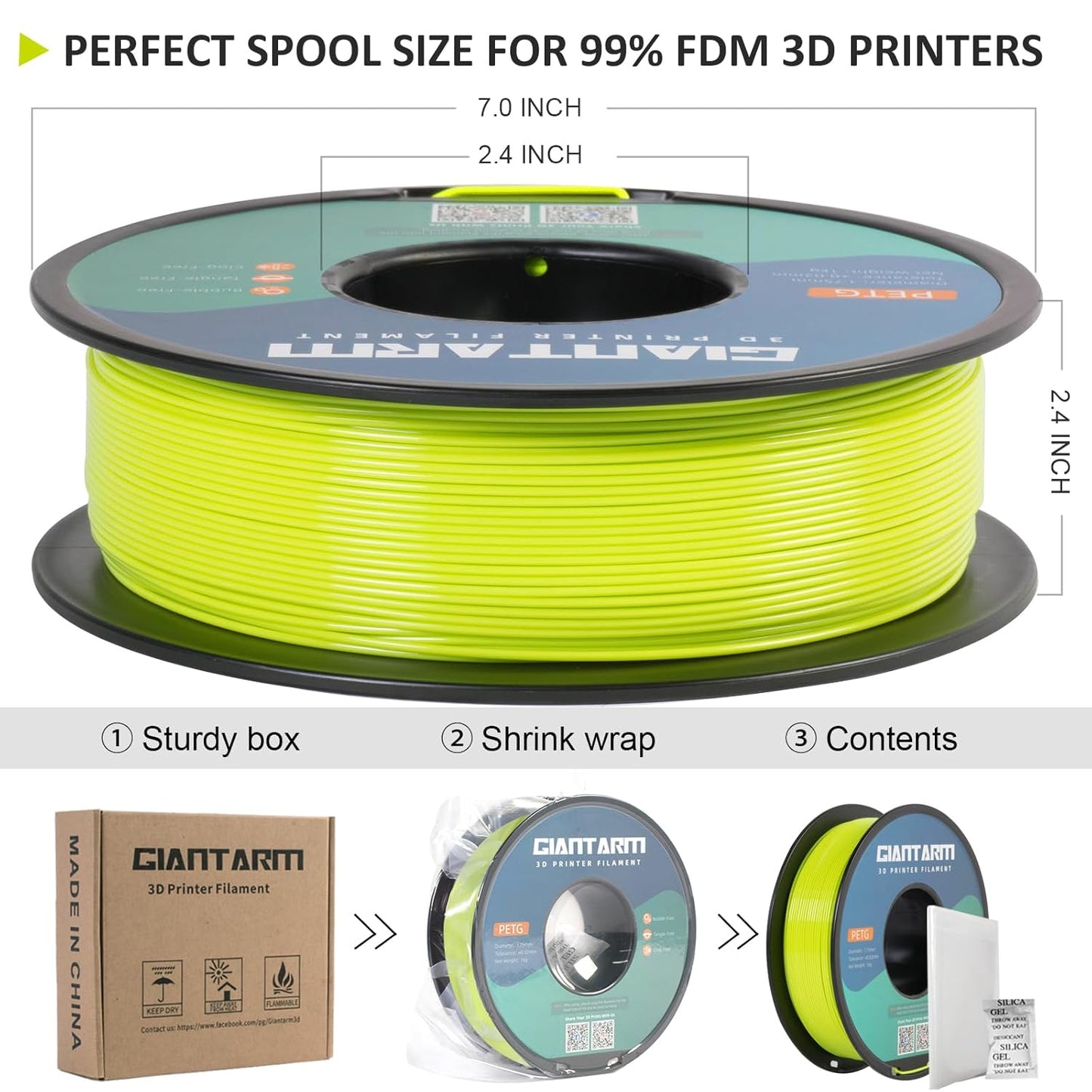GIANTARM PETG Filament 1.75, 3D Printer Filament PETG 1kg(2.2lb), Toughness Enhanced, Dimensional Accuracy +/-0.02mm, Vacuum Package (Apple Green)