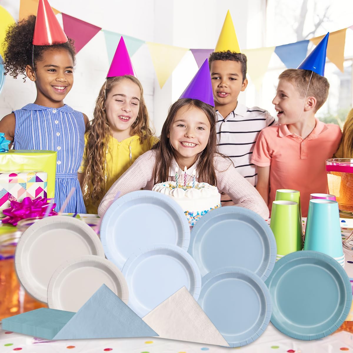 CMUSKO Blue Birthday Decorations - 150pcs Dusty Blue Gradient Plates & Napkins Kit Serves 50 for Dusty Theme Baby Shower,Wedding, Bridal Shower