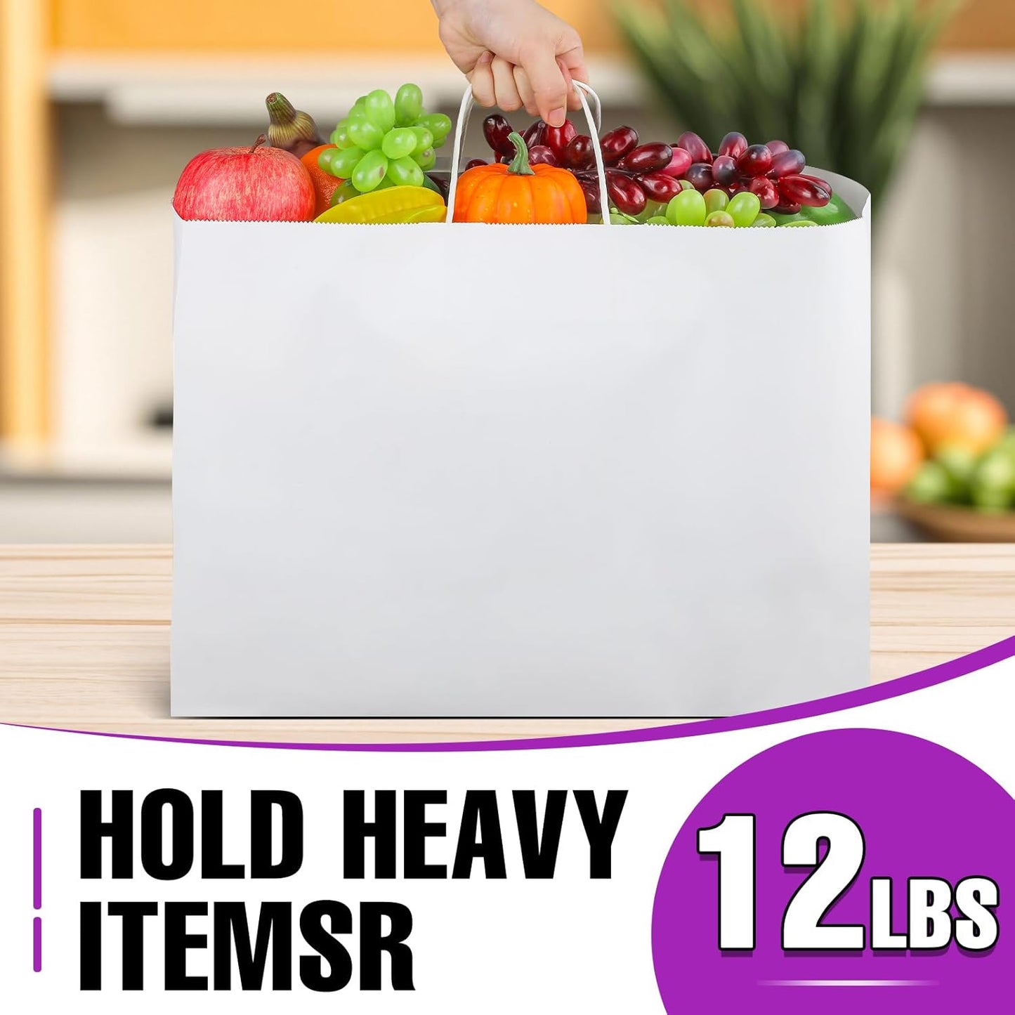 BURVAGY 16x6x12 Inch 100 Pcs Kraft Paper Bags with Handles Bulk, Kraft Shopping White Large Recycled Gift Paper Bags with Handles for Small Business, Retail,Boutique,Grocery