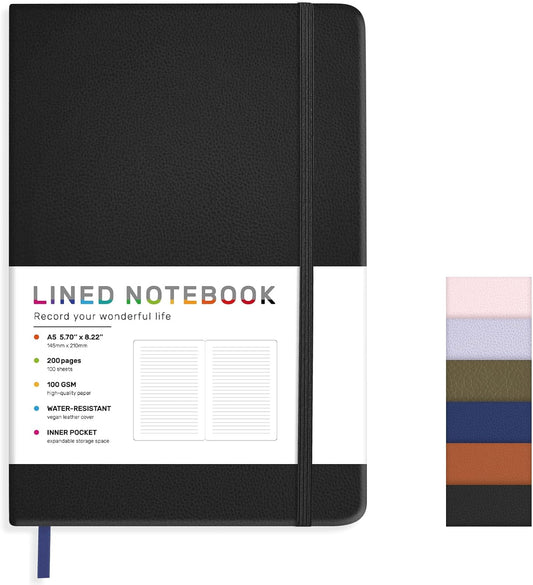 Lined Journal Notebook for Women Men, 200 Pages A5 Hardcover Leather Journals 5.7” x 8.3”, A5 College Ruled Notebooks with 100 GSM Thick Paper for Writing,Travel,School,Office,Work,Business(Black)