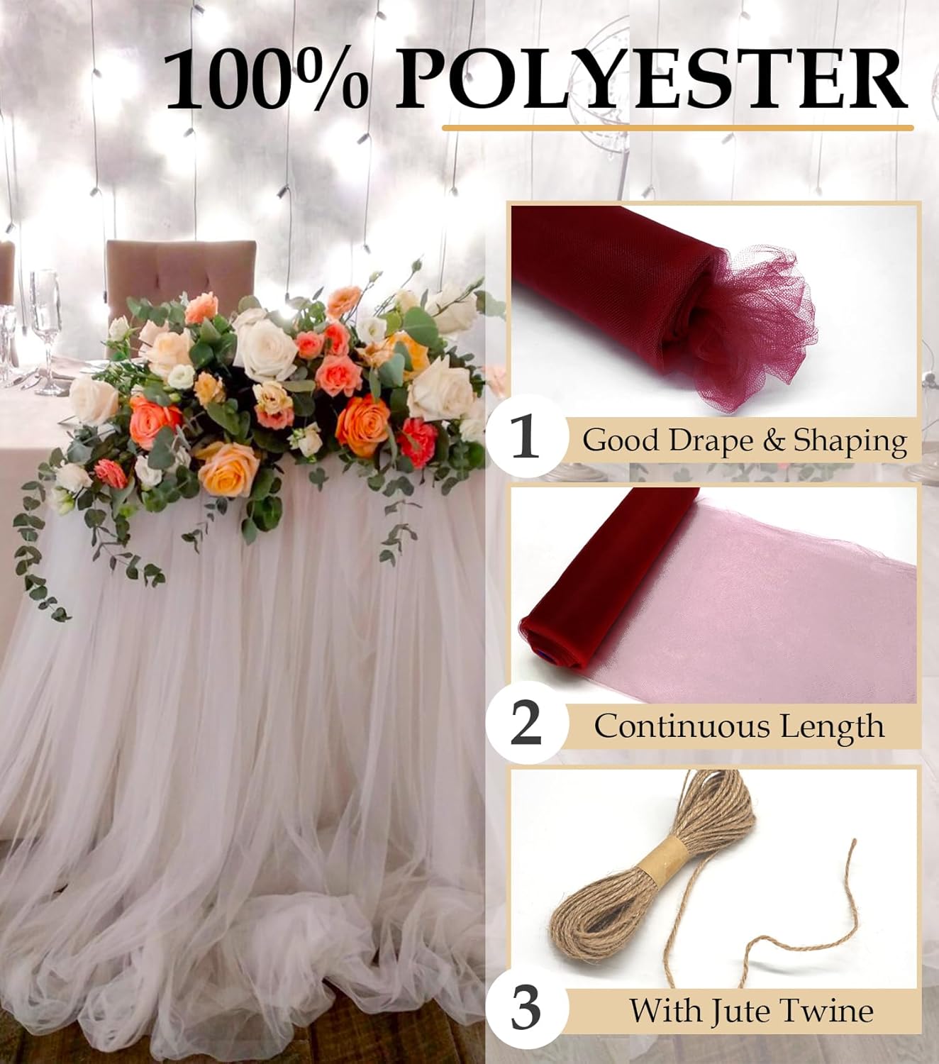 Burgundy Tulle Fabric Roll, 54" x 40 Yards (120FT) Tulle for Wedding Decoration DIY Tutu Party Backdrop Baby Shower Table Skirts Gift Wrapping