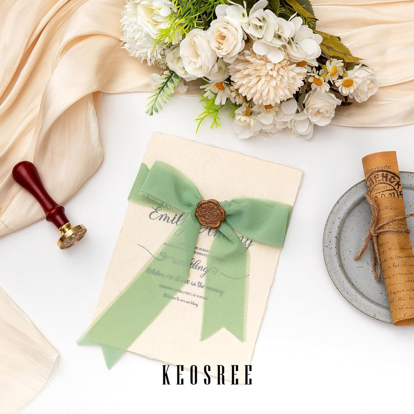 3 Rolls Sage Green Handmade Chiffon Ribbon,1.5" x 21Yd Frayed Fringe Silk Ribbons (3 Rolls *7Yd) for Gifts Wrapping, Wedding Invitations, Bridal Bouquets, Decorations