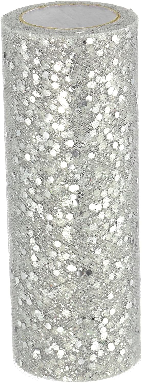 PATIKIL Tulle Fabric Rolls, 6 Inch by 10 Yards Fabric Spool Tulle Sparkling Ribbon Netting Sequin for DIY Tutu Skirts Crafts Wedding Party Decorations, Silver