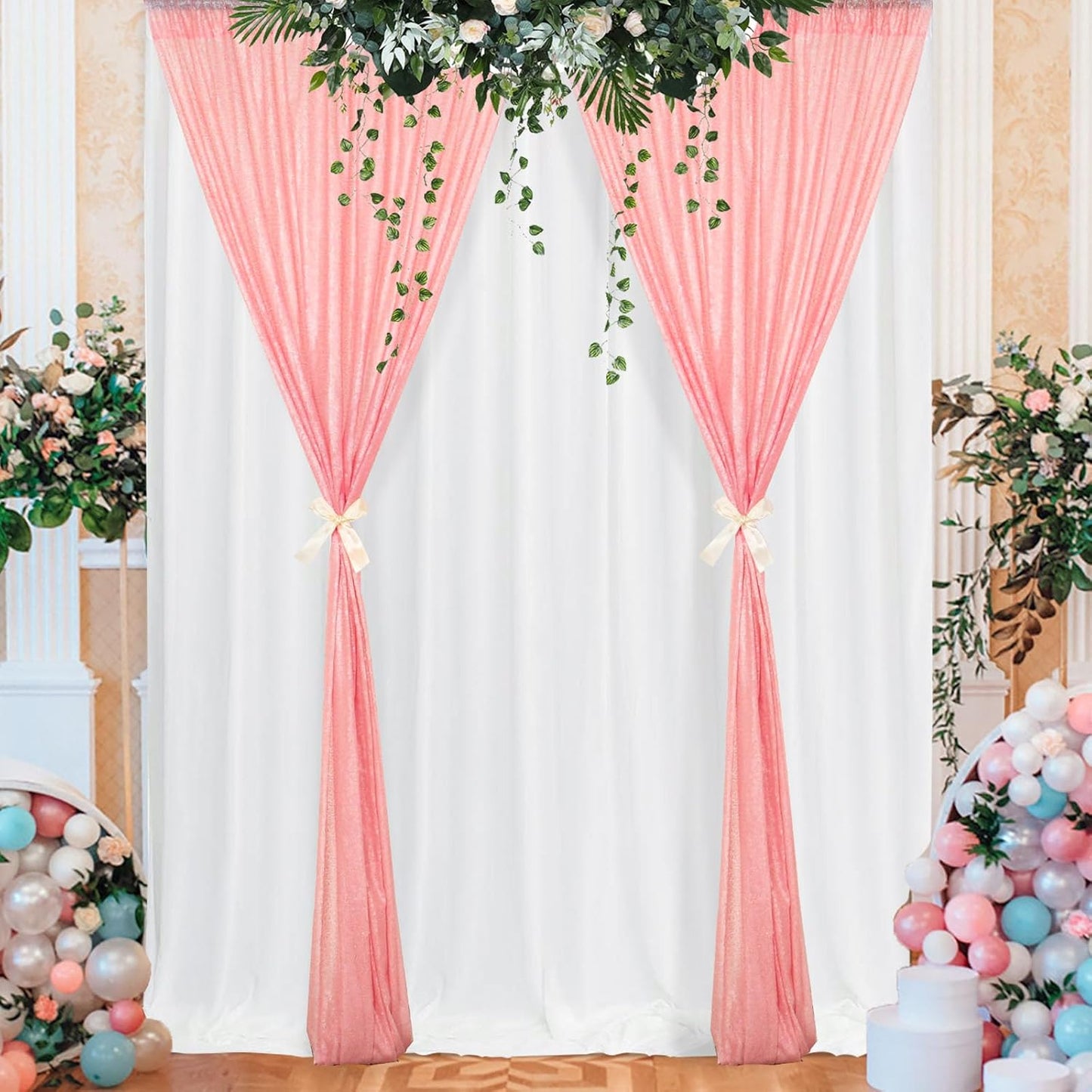 ShinyBeauty 4x10ft Pink Sequin Backdrop | 2 Panels Glitter Curtains for Wedding, Parties, and Photography Backgrounds