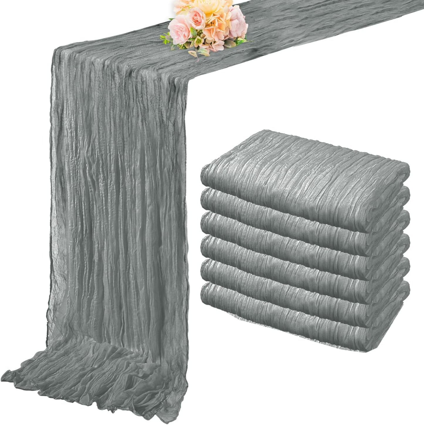 6 Pack Gray 10FT Cheesecloth Table Runner Rustic Gauze Fabric Cheese Cloth Table Runner for Wedding Bridal Baby Shower Table Decor 20 x 120 Inch Long Boho Sheer Birthday Party Table Decorations