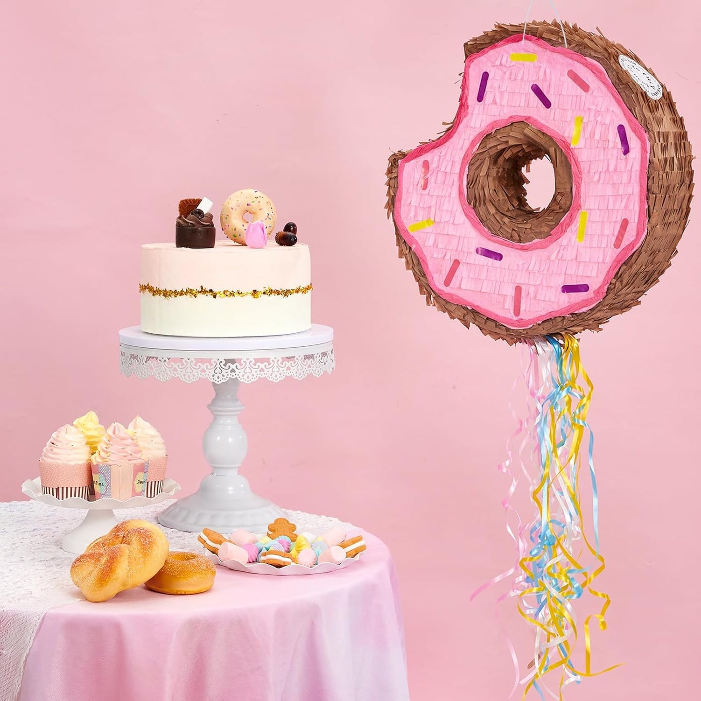 WERNNSAI Donut Piñata - Pink Donut Pinata with String Birthday Partyn Decorations Piñata with Stick Blindfold for Girls Kids Dount Pull String Pinata Family Games Birthday Party Supplies
