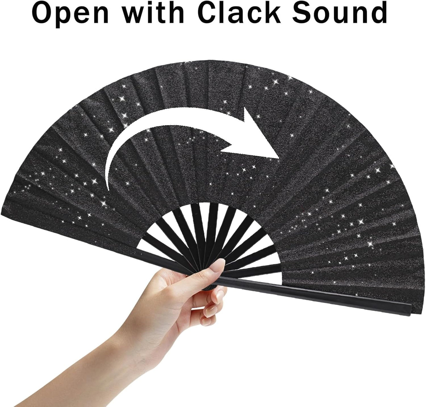 Glitter bling Large Folding Fan-Hand Fan Rave Clack Popping Fan for Line Dancing Clacking Fans for Boots On The Ground Dance, Party for EDM, Music Festival, Hot Flashes, Party, Decoration(2pcs black)