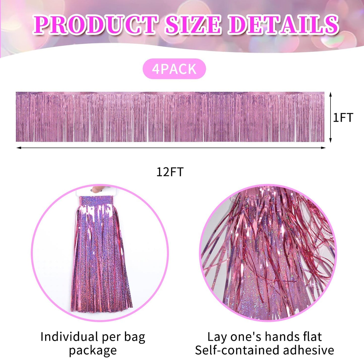 Laser Pink Birthday Decorations Tinsel Garland Parade Float Decorations for Trailer 4Pack 12FT Girls Womens Party Decor Ceiling Fringe Banner Pink Backdrop for Streamers Party Decorations