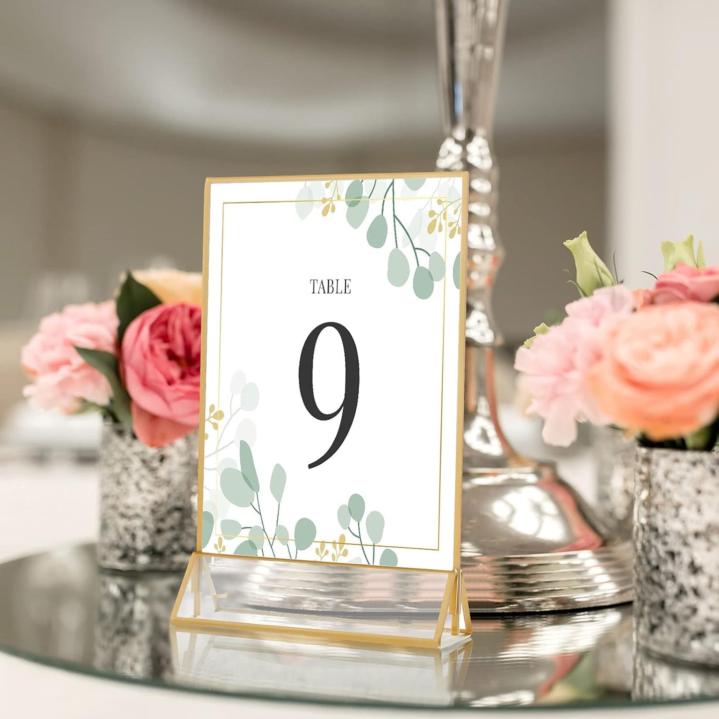 16 Pieces Gold Rimmed Clear Acrylic Table Sign Holders, Double Sided Frame with Gold Border and Vertical Stand for Wedding Table Number, Restaurant Sign, Photo Display, Menu Holder (5 x 7 Inch)