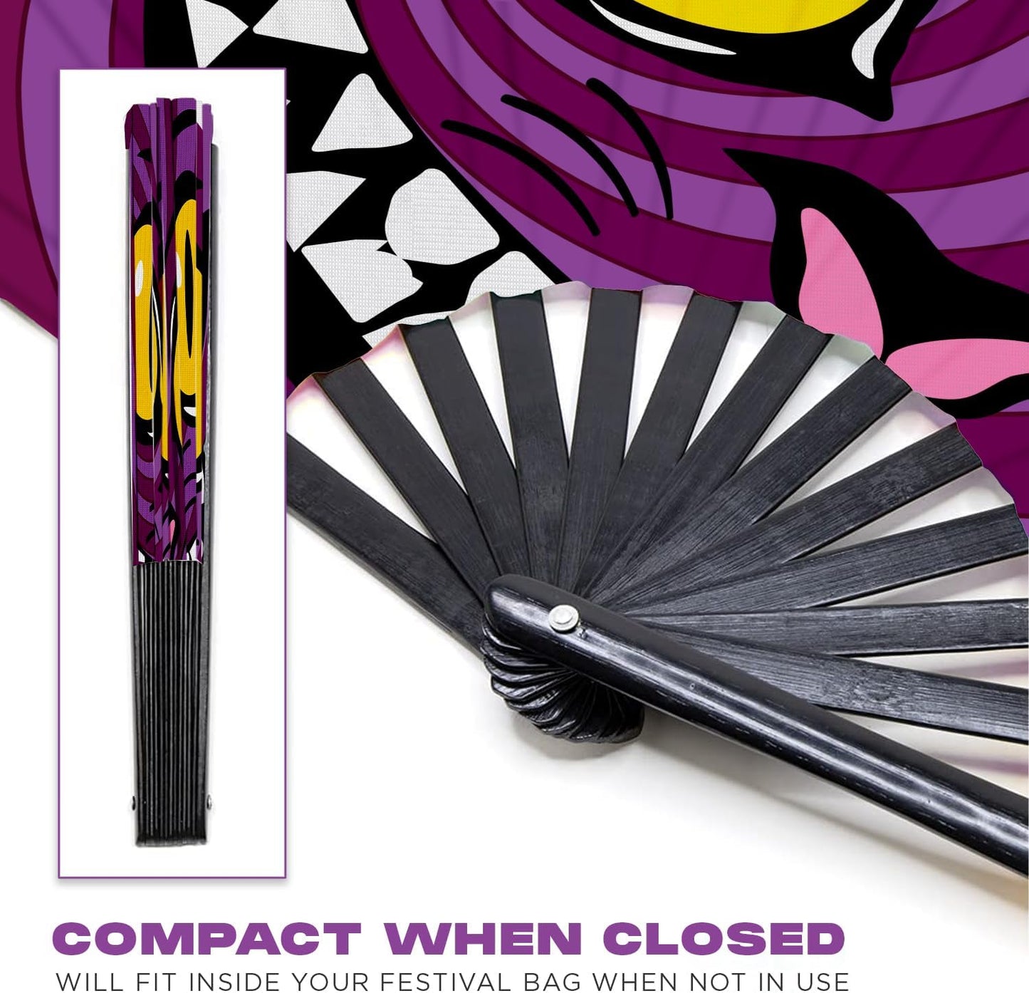 GloFX Large Hand Fan - Alice in Wonderland Cheshire Cat Fan - Bamboo Folding Fans for Rave Accessories and Festival Essentials