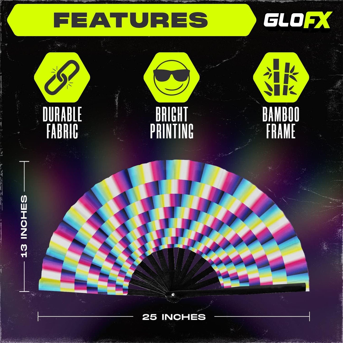 GloFX Folding Fan - Trippy - Large Rave Clack Folding Hand Fan for Men/Women - for EDM, Music Festival, Club, Event, Party, Dance, Performance, Decoration, Gift