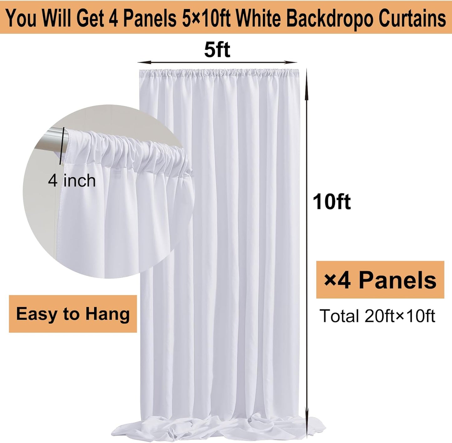 20ft x 10ft Thick White Backdrop Curtains for Parties, 4 Panels 5ft x 10ft Non See Through White Polyester Wedding Drapes Photo Backdrop for Birthday Party Graudation Photography Home Decor