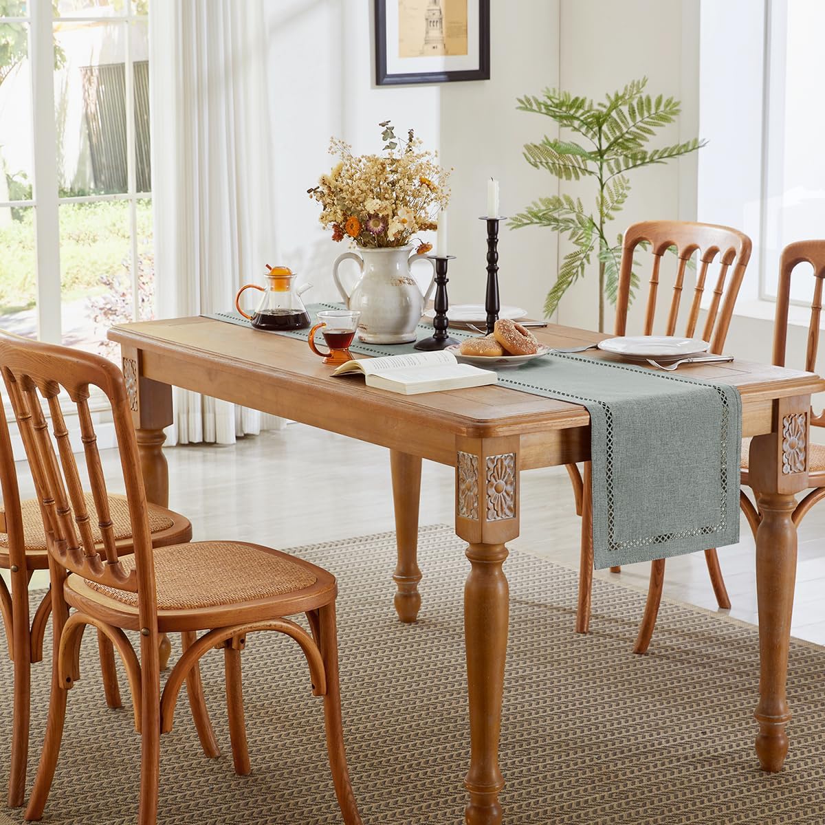 Burlap Style Farmhouse Table Runner, 13 x 48 Inch Grey, Rustic Geometric Hollow Table Runners 48 Inches Long for Dresser Table Everyday Use, 13x48 Inches, Grey