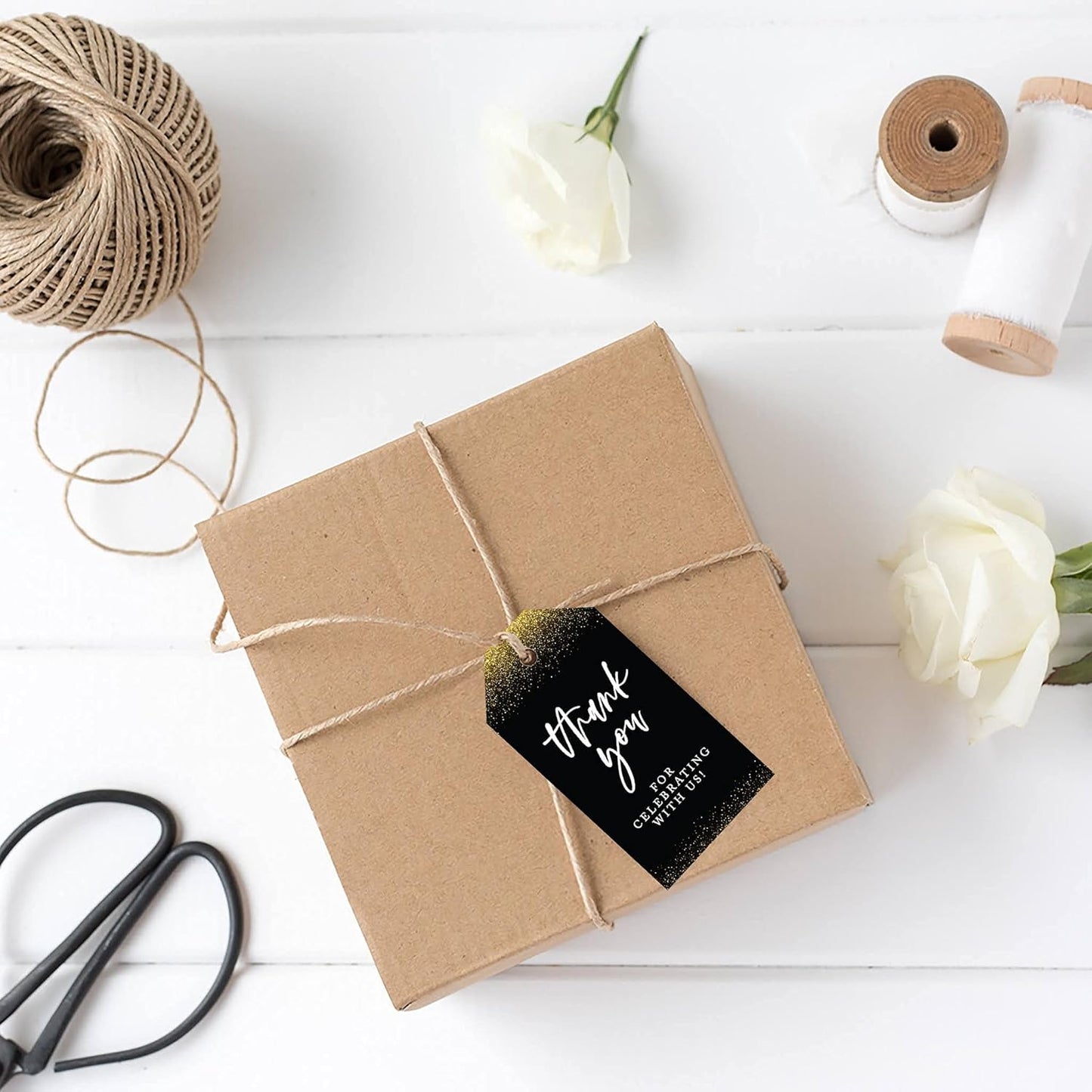 Andaz Press 100-Pack Thank You for Celebrating with Us Favor Tags Gold Glitter with Black Cardstock Gift Tags with Bakers Twine for Wedding Baby Shower Bridal Shower Party Favors 2 x 3.75-Inches