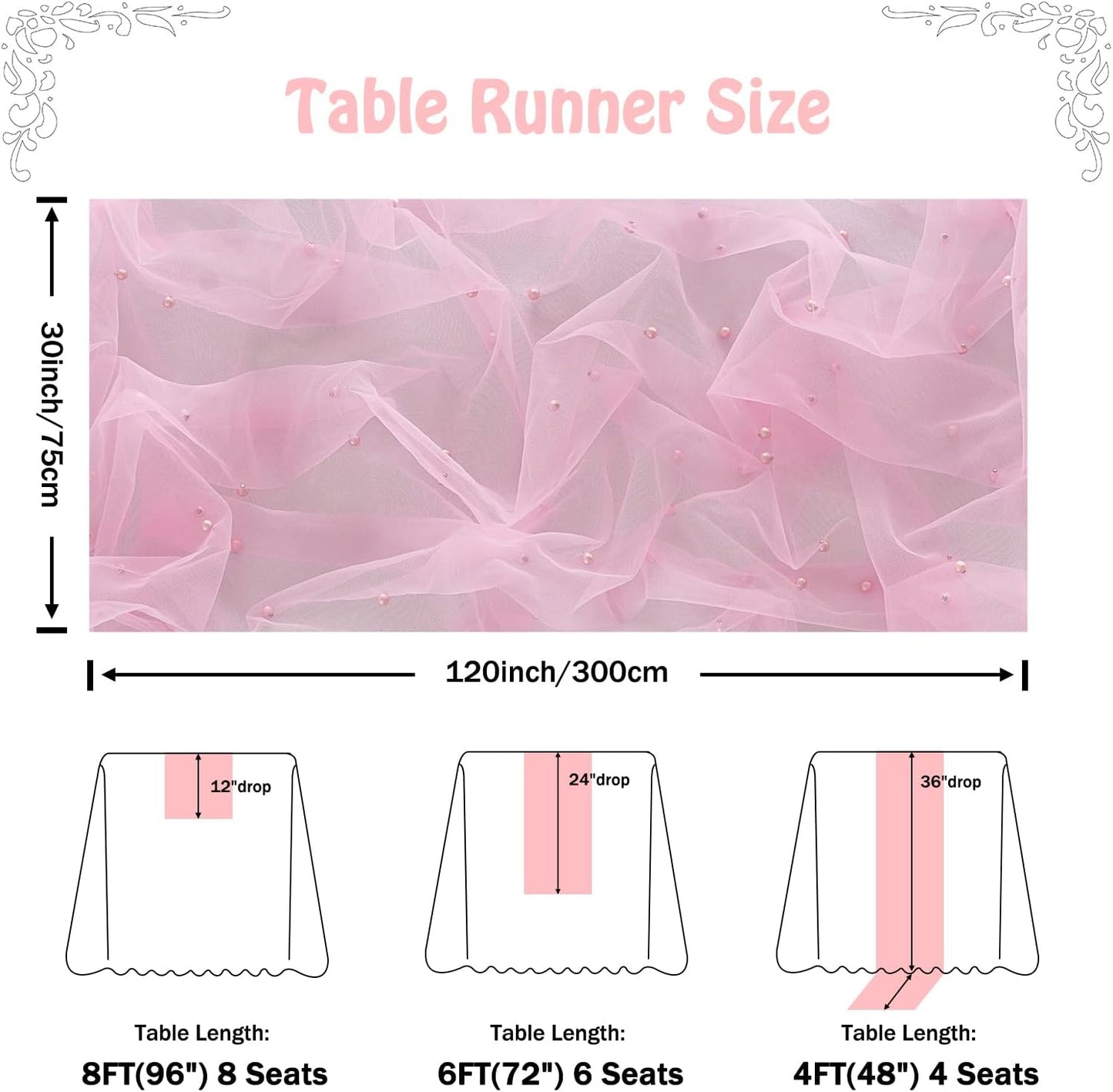 Fanami 6 Pack Pearl Table Runner -10FT Blush Pink Boho Tulle Table Runners 120 Inches Long Rustic Sheer Lace Fabric Centerpieces for Wedding Arch Birthday Party Bridal Veil Baby Shower Decorations