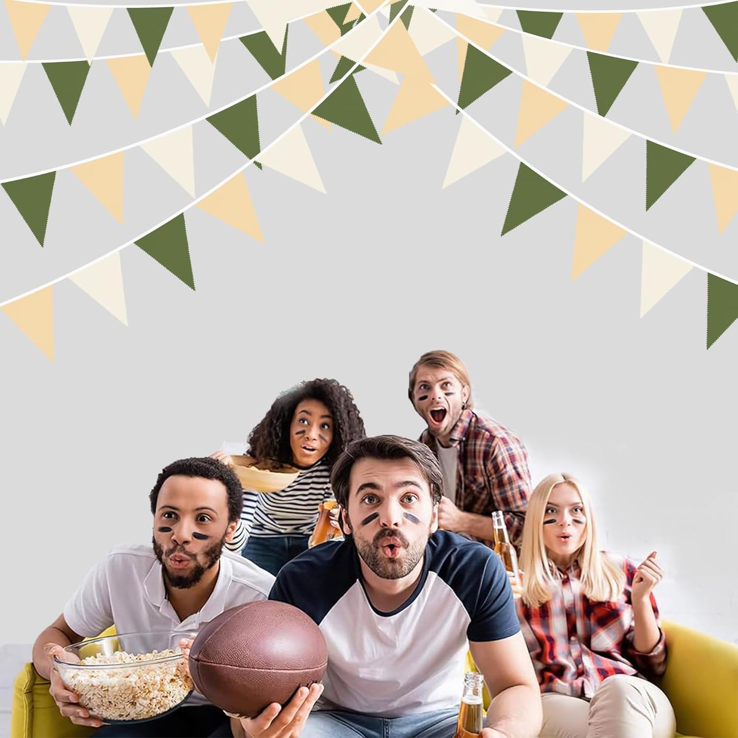 32Ft Sage Green Party Decorations Olive Green Tan Brown Cream Neutral Triangle Flag Fabric Banner Pennant Bunting Garland Streamers for Birthday Wedding Baby Shower Woodland Jungle Safari Party Decor