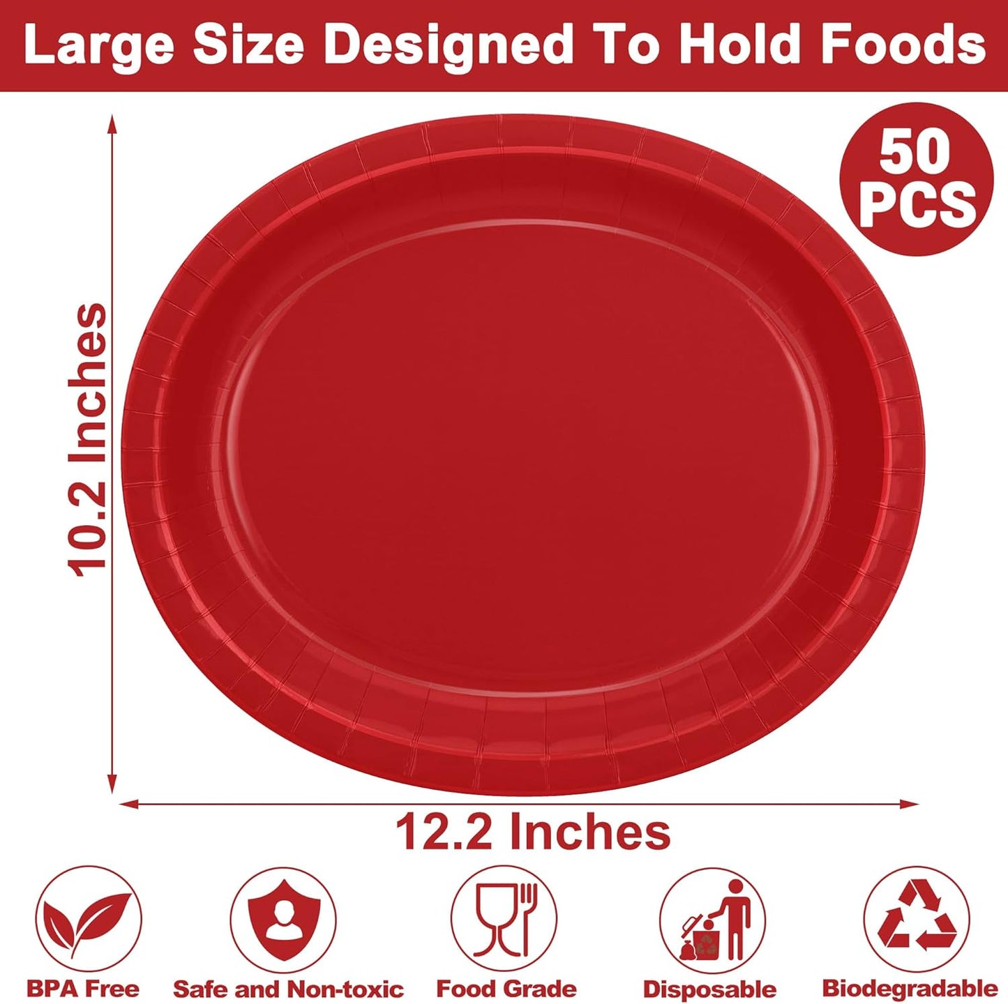 QZYL 50 Pcs Party Decorations, 12.2'' X 10.2'' Oval Large Paper Plates, Red Disposable Heavy Duty Paper Plates for Birthday Party, Wedding, Picnic, Barbecue, Holiday