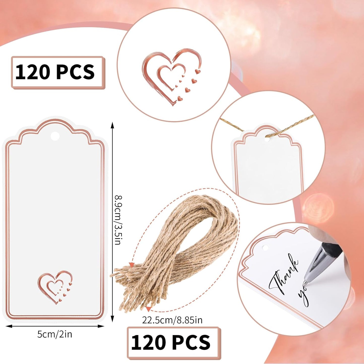 120 PCS Gift Tags with String Attached Foil Rose Gold Heart Paper Tags Writable Blank Tag for Gift Bags Wedding Baby Shower Birthday Presents Labeling DIY Craft Project Stocking Stuffers 3.5''×2''