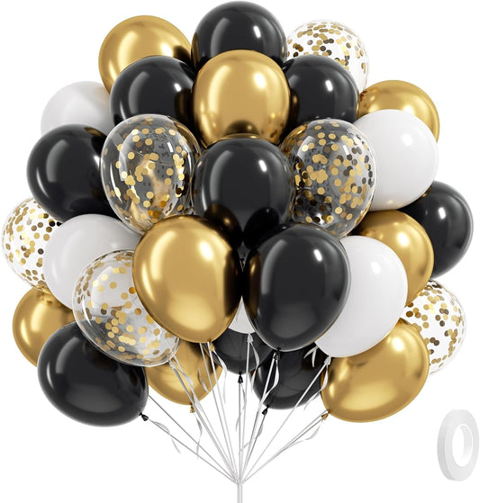 Black White and Gold balloons, 60pcs 12inch Black White Metallic Gold Confetti Balloons for Graduation 2025 Anniversary Birthday Party Decorations