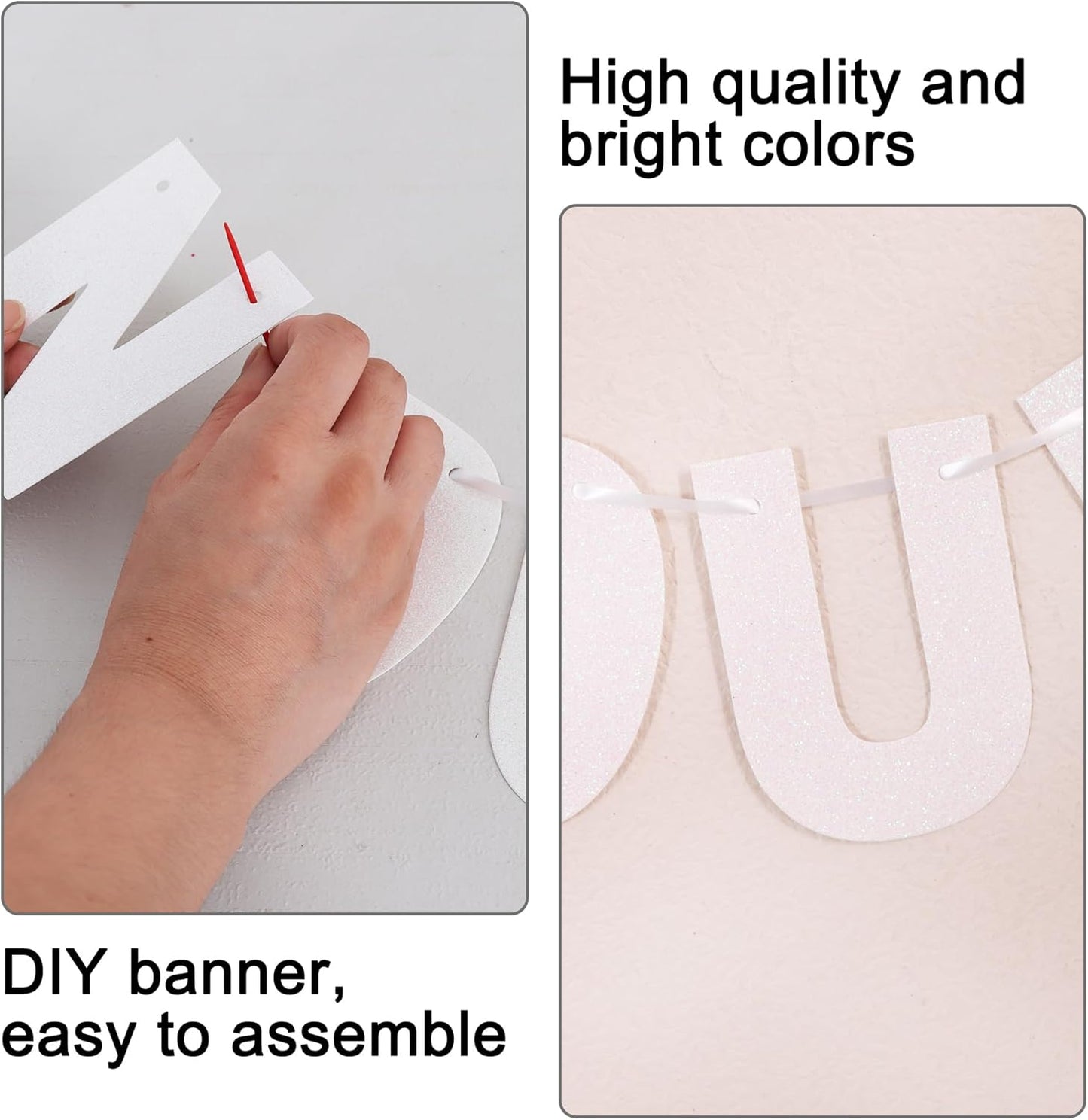 BEISHIDA 116 PCS Glitter Color White DIY Letter Banner Kit Make Your Own Banner，Including 111 Letters and Numbers 3 Rope and 3 Threading Device,Customized for Birthday Graduation Wedding Party Decor