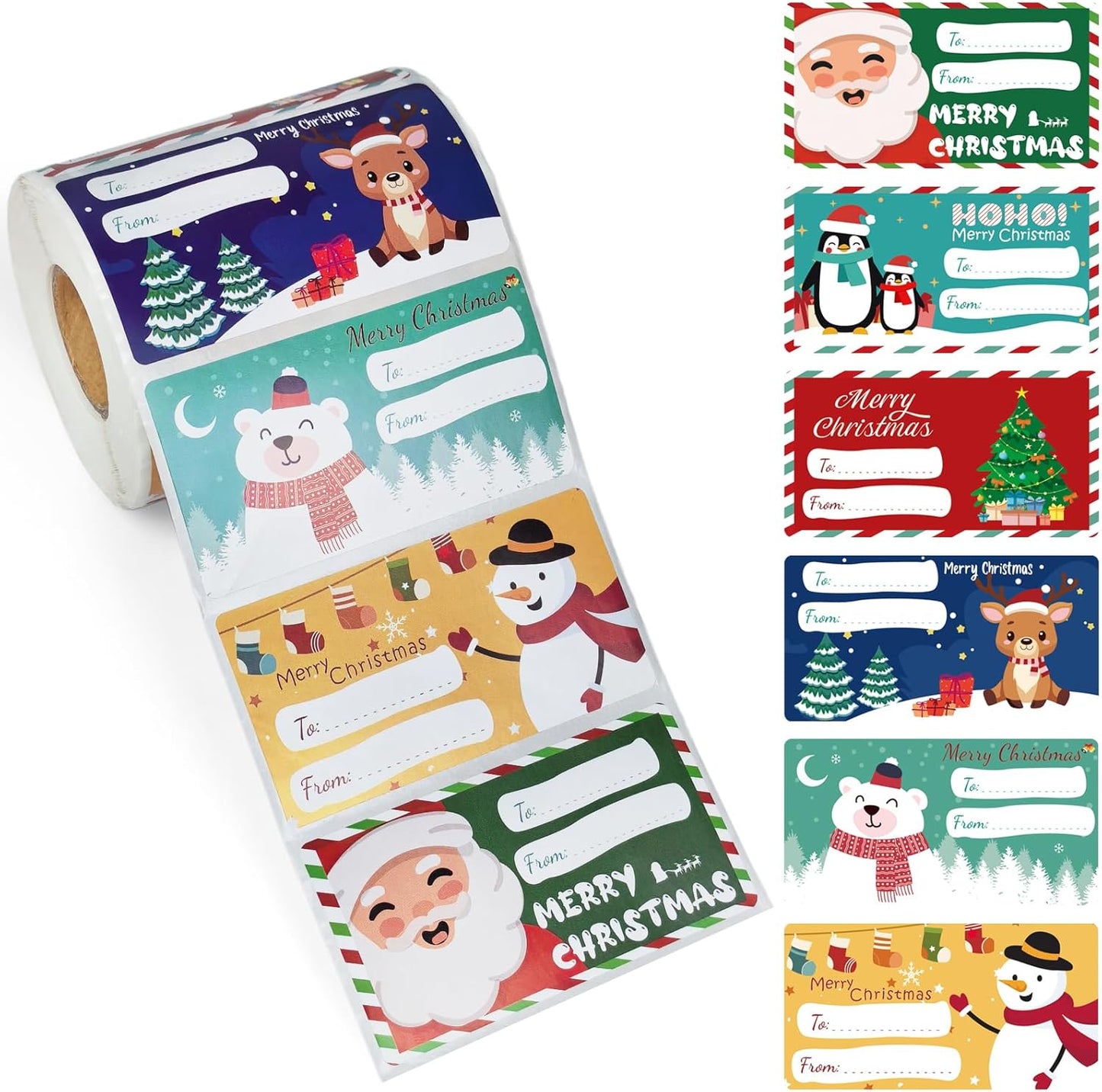 500 PCS Christmas Gift Tags, Self Adhesive Santa Claus Stickers, Festive Holiday Name Labels for Wrapping Paper Presents Decor, 6 Designs